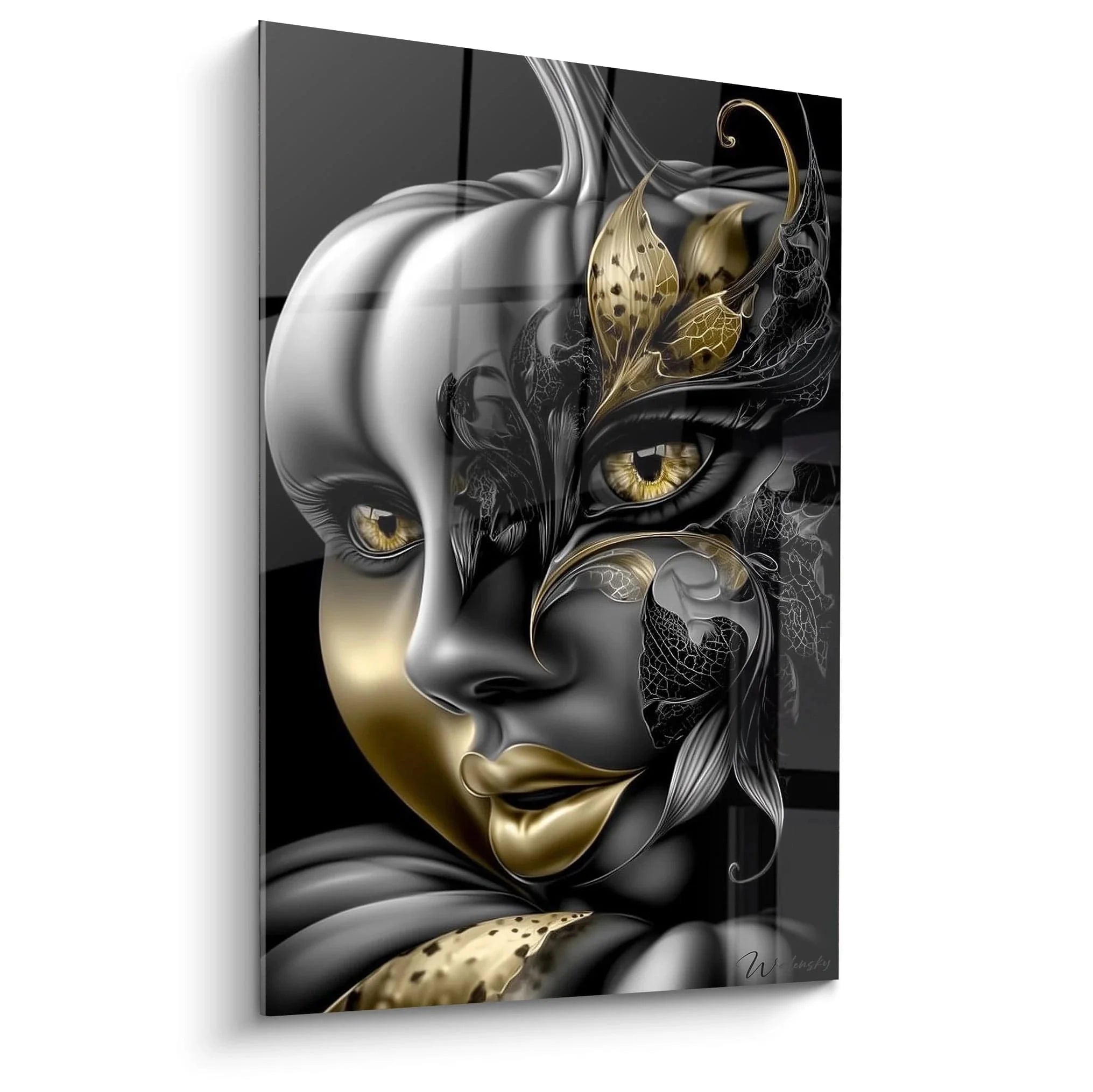 Mystisches Halloween Wandbild mit goldener Frauengestalt und ornamentalen Details XXL Format