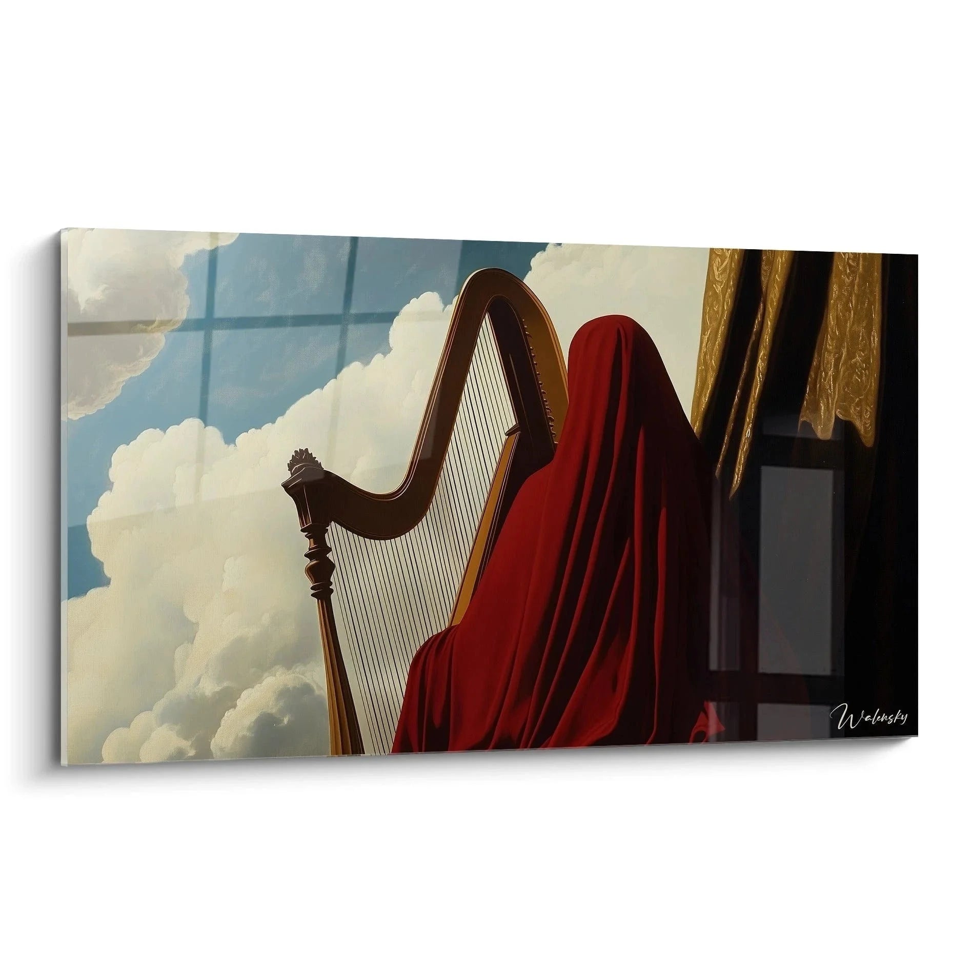 Wandbild Harfe mit rotem Vorhang vor Himmel - Ingres Edition Kunstdruck für Wohnzimmer