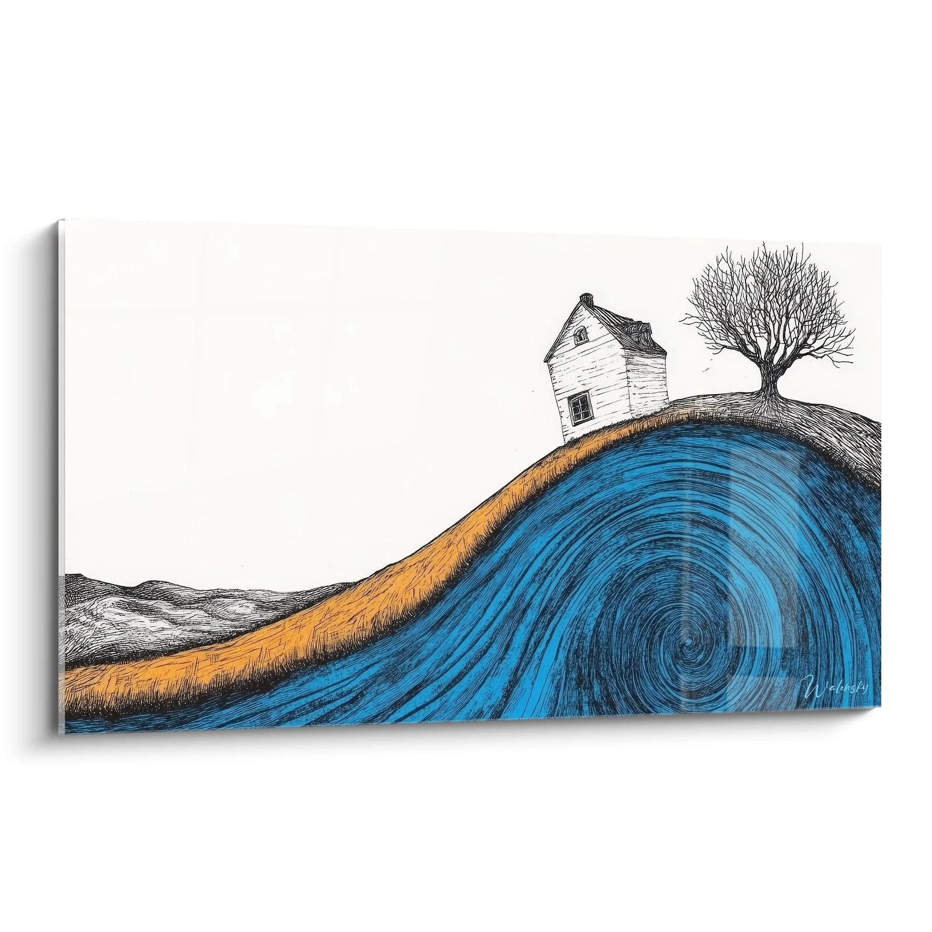 Wandbild Haus auf blauer Spirallandschaft - Abstrakte Spiralkunst mit Baum und Wirbel