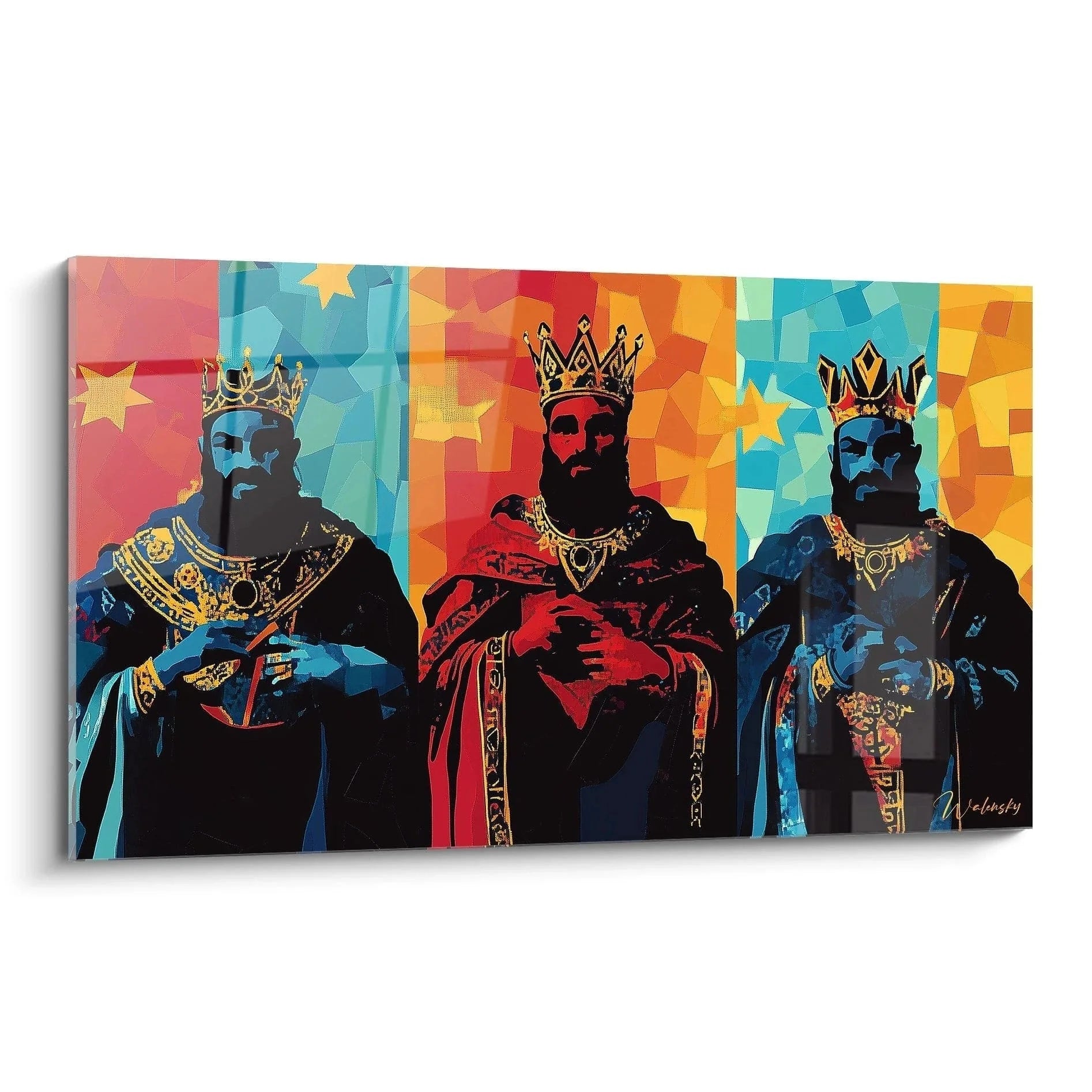 Wandbild XXL drei Heilige Könige in Pop-Art Stil mit goldenen Kronen und bunten geometrischen Hintergründen