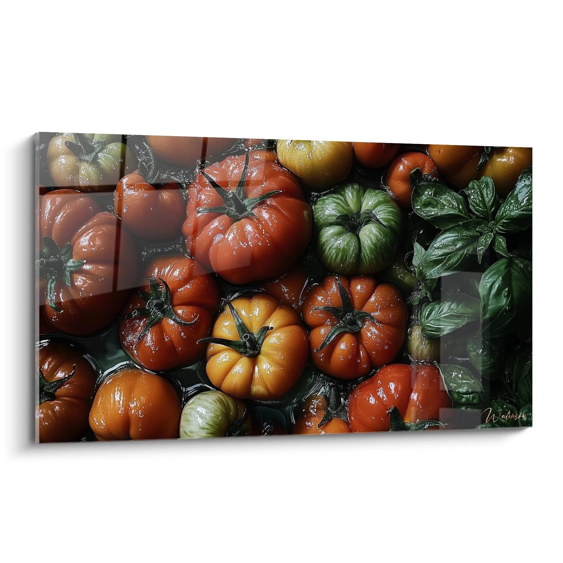 Wandbild Heirloom Tomaten mit Basilikum - bunte Gemüse Küchendekoration XXL Format