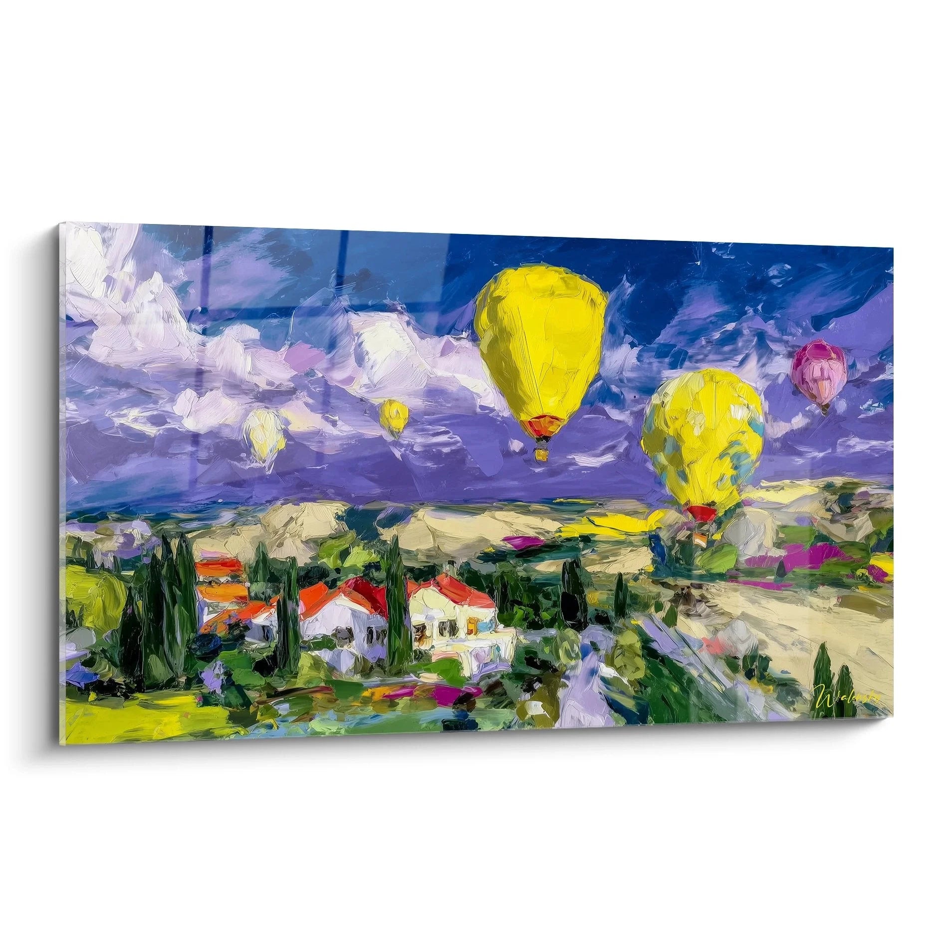 Wandbild Heißluftballons über mediterraner Landschaft mit gelben Ballons am dramatischen Himmel