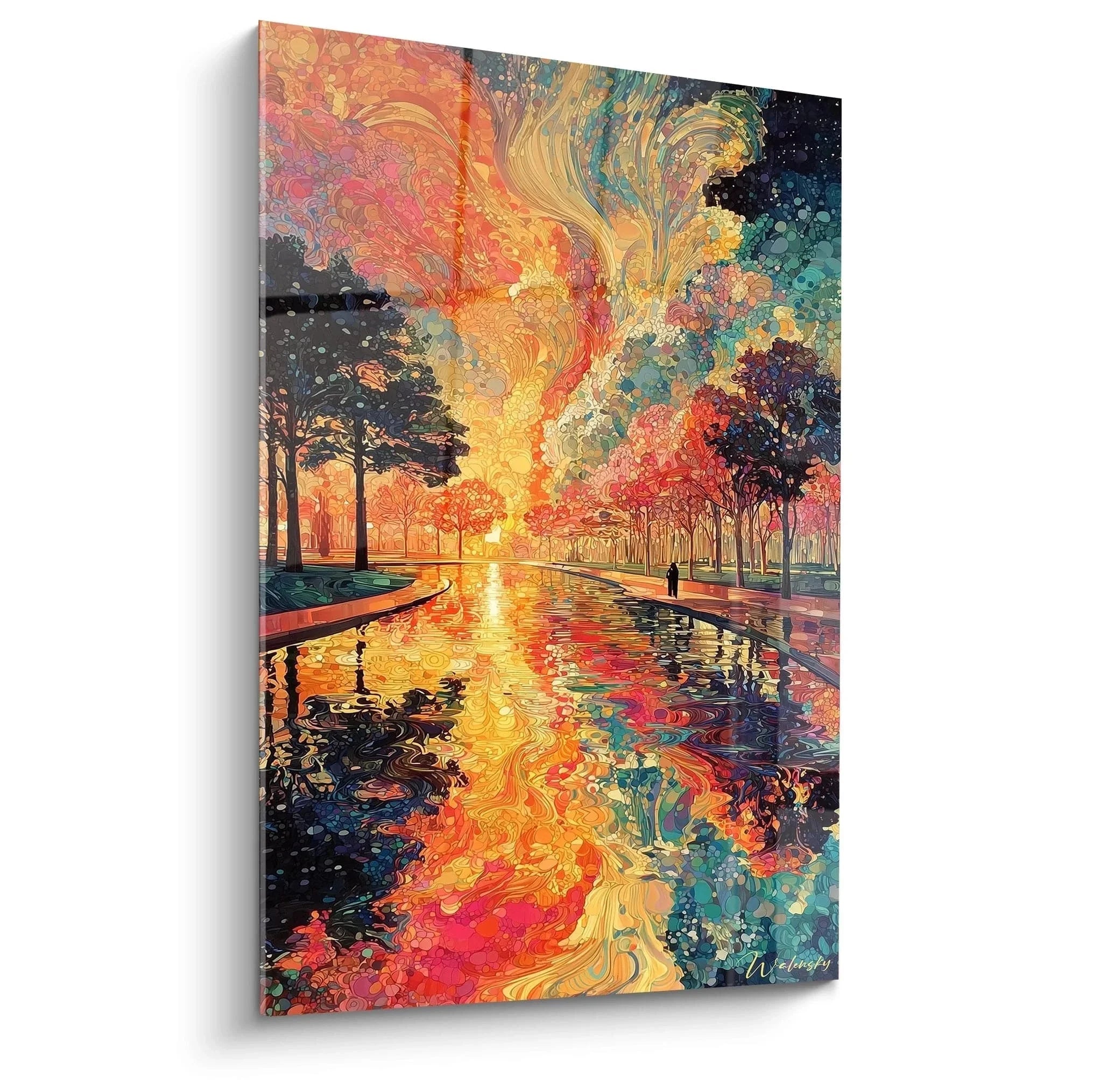 Wandbild Herbstallee Pointillismus mit leuchtenden Farben und spiegelndem Weg im Parkambiente