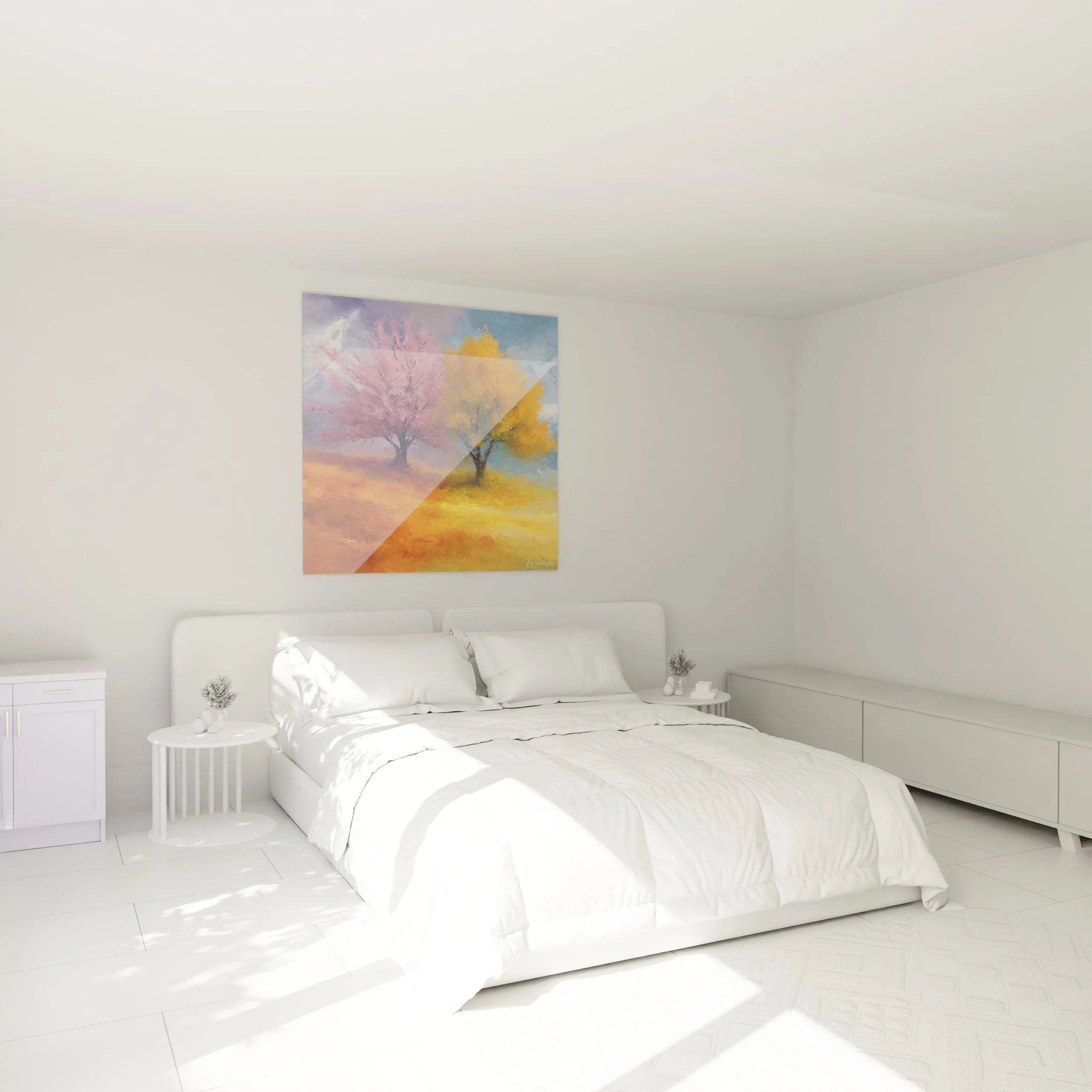 Wandbild Herbstbäume Rosa Orange im Schlafzimmer, moderne Wanddekoration mit zwei farbenfrohen Bäumen