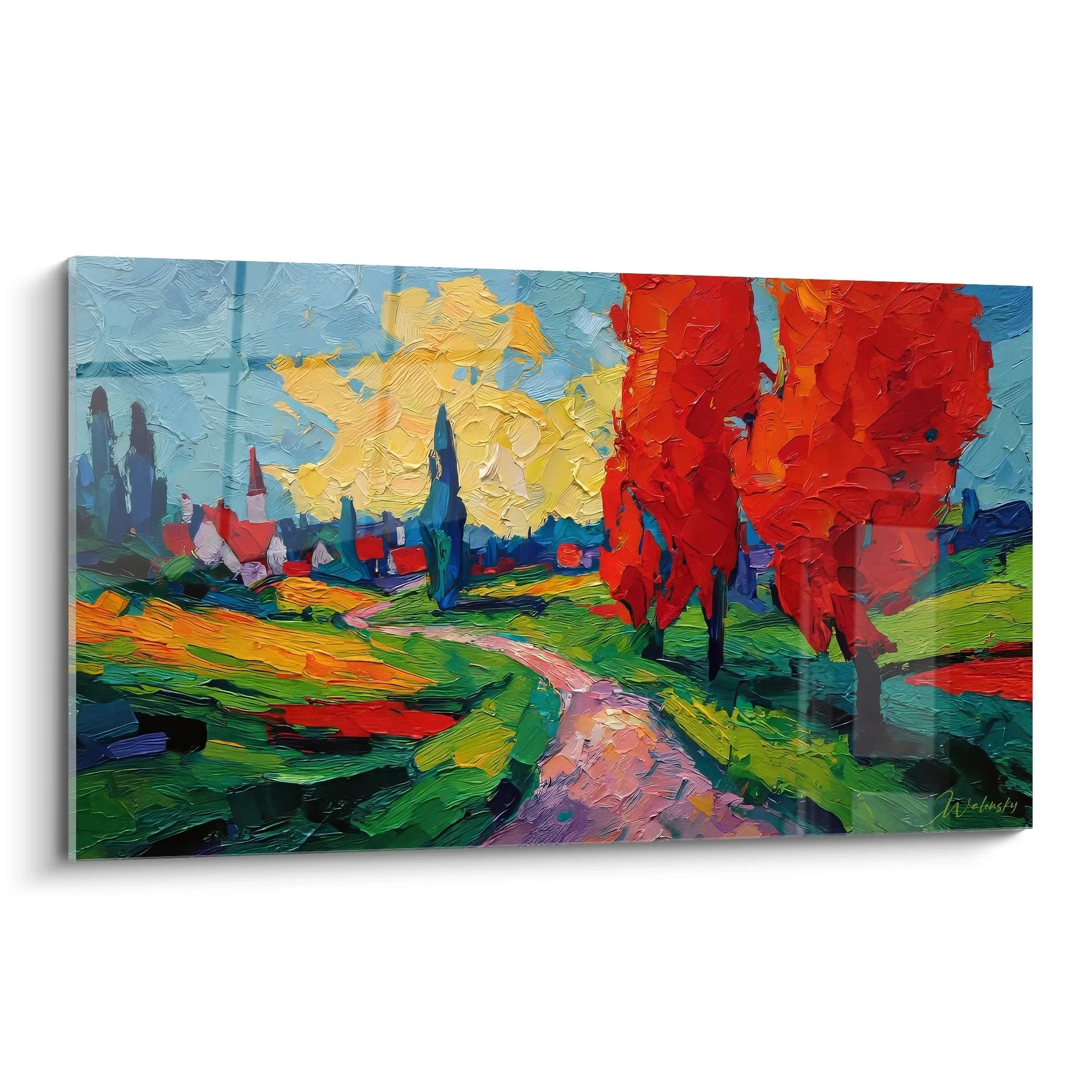 Wandbild Herbstlandschaft mit farbenfrohem Dorfweg im expressionistischen Stil