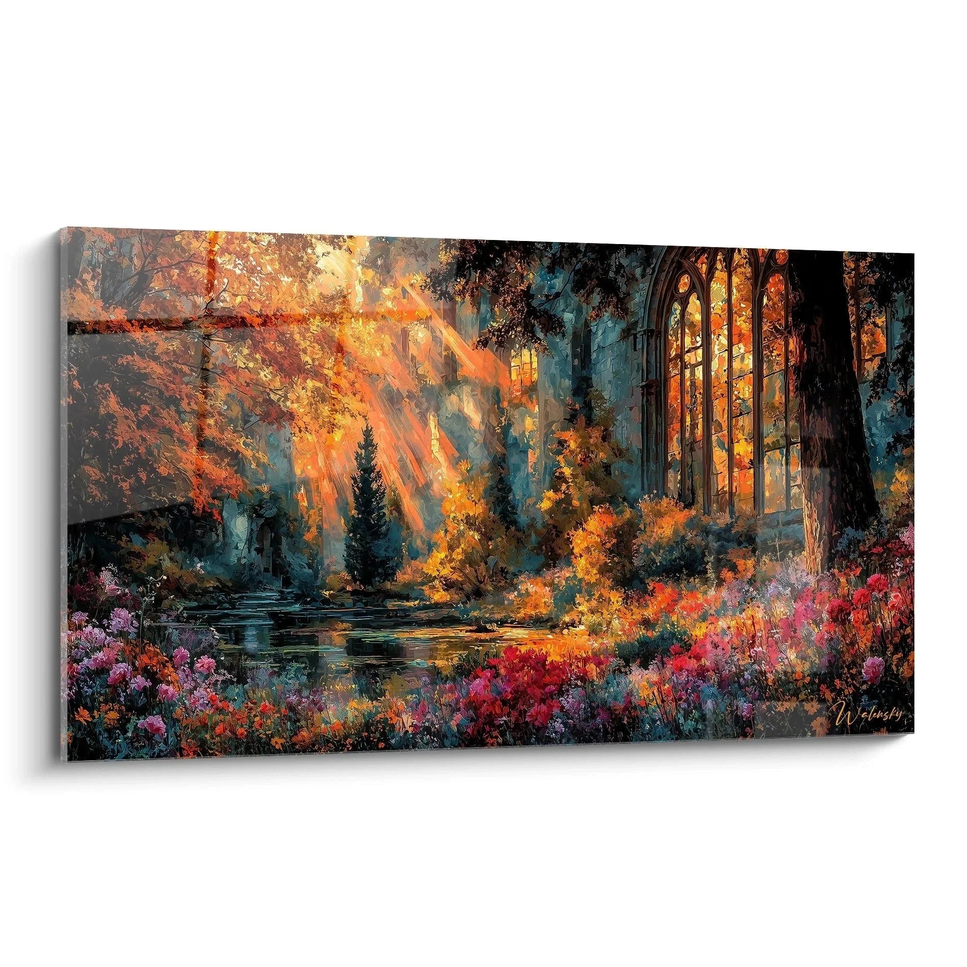 Wandbild Herbstlandschaft mit gotischen Ruinen, warme Farben und mystische Lichtstimmung