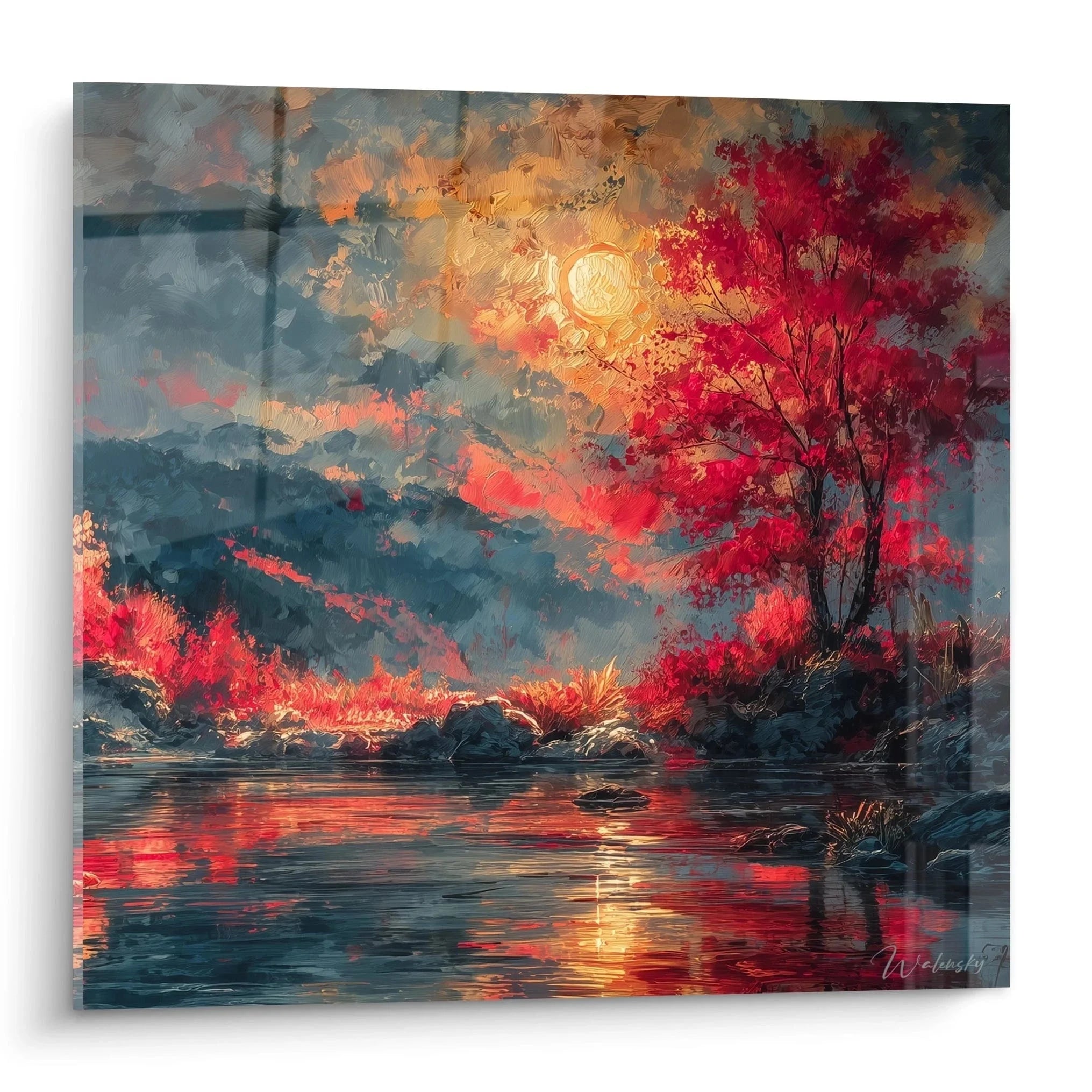 Mystisches Wandbild Herbstlandschaft mit rotem Baum und Vollmond über Bergsee - Edition Gotik