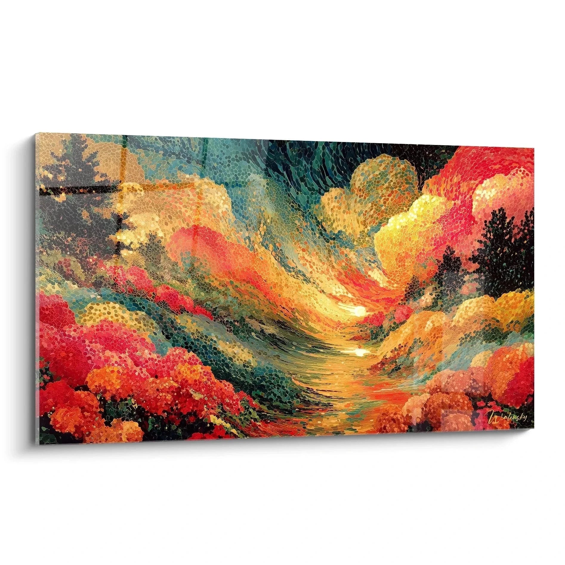 Pointillismus Wandbild Herbstlandschaft mit Bergen in warmen Rot- und Goldtönen, moderne Punktmalerei Technik