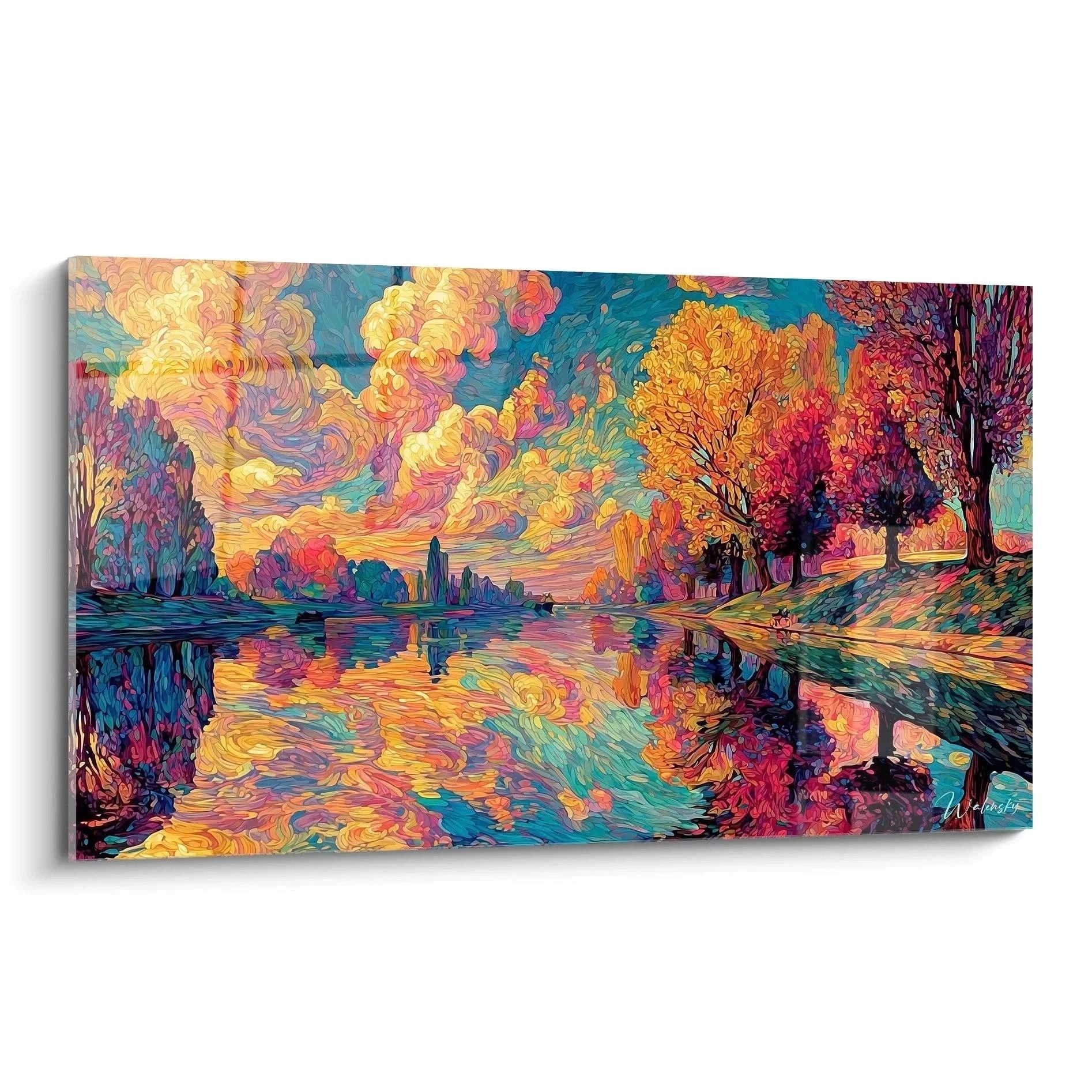 Wandbild Herbstlandschaft Pointillismus Stil mit Seespiegelung und bunten Herbstbäumen als Wanddekoration