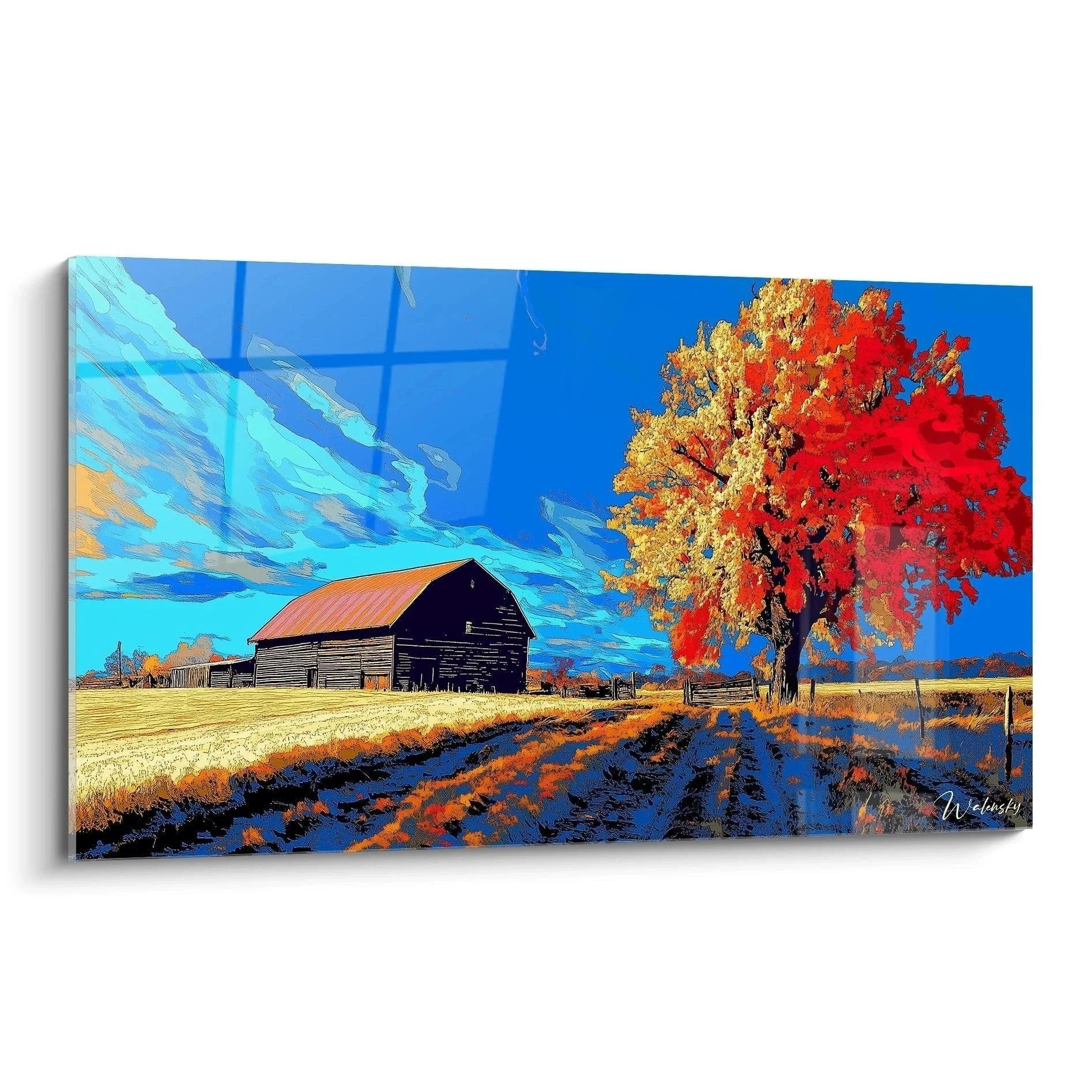 Wandbild Herbstlandschaft mit rustikaler Scheune und buntem Herbstbaum im Corot-Stil