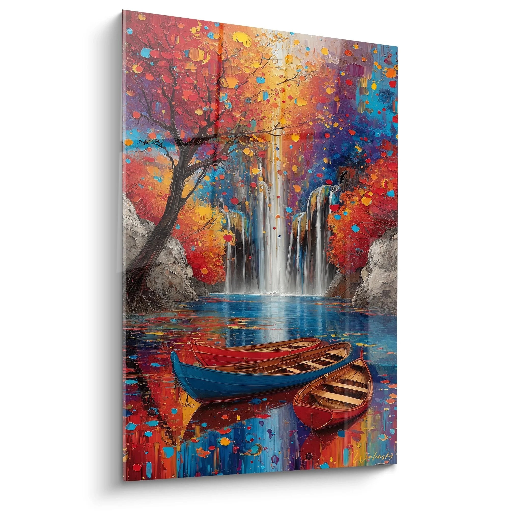 Wandbild herbstlicher Wasserfall mit buntem Herbstbaum und zwei Holzbooten auf türkisem See