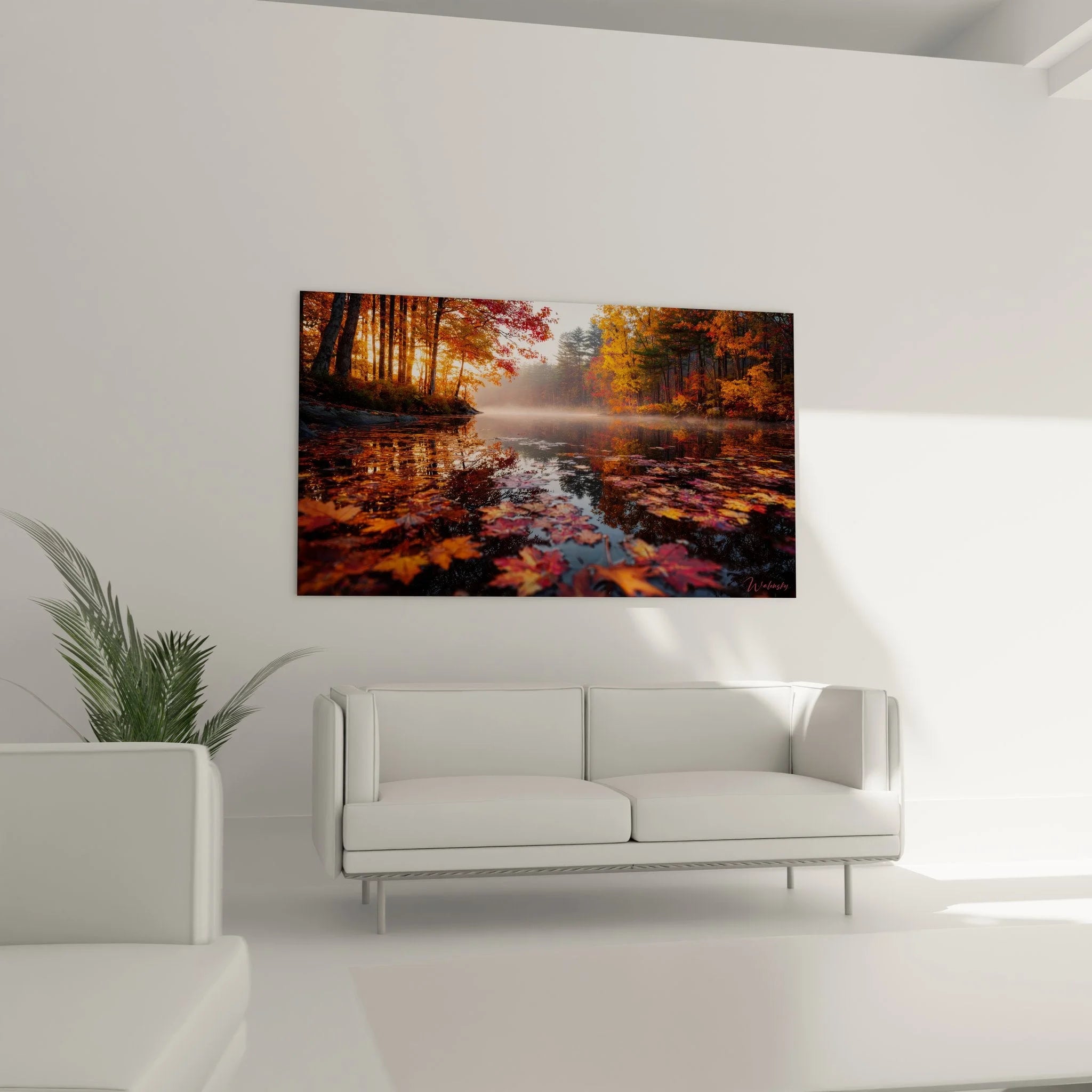 Detailansicht Wandbild Herbstsee, bunte Herbstblätter und Spiegelungen im goldenen Morgenlicht