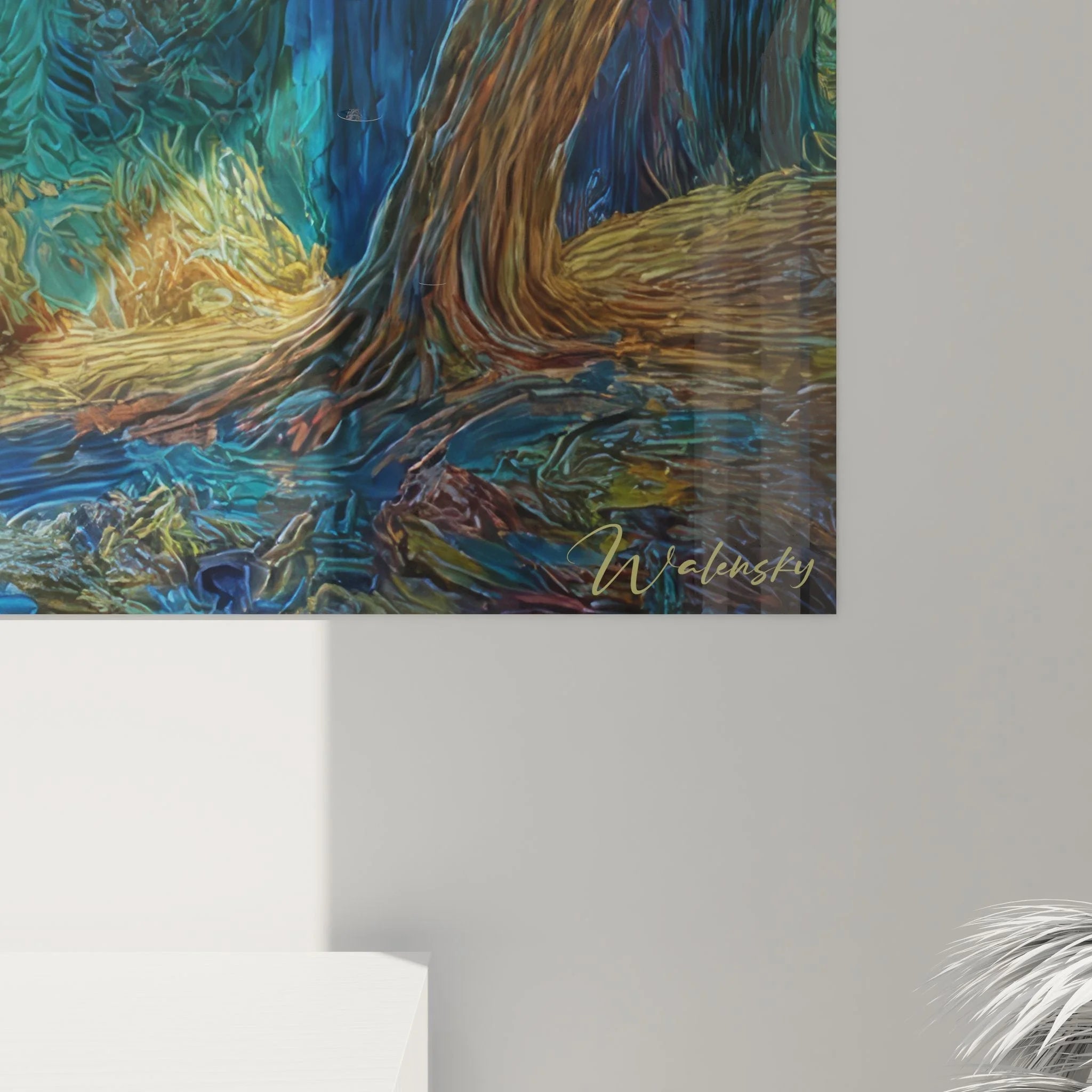 Gesamtansicht Wandbild mystische Waldlandschaft mit expressionistischer Maltechnik und Farbharmonie