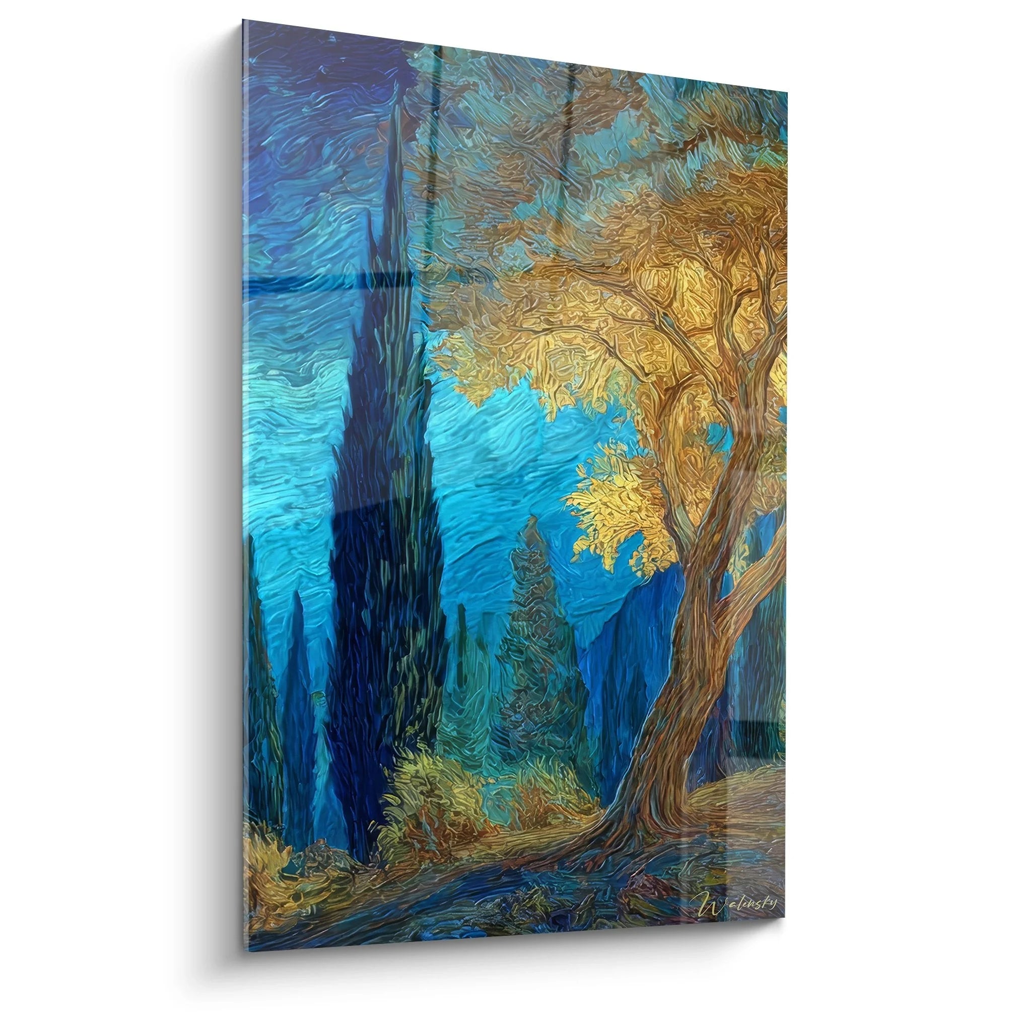 Wandbild mystischer Herbstwald mit goldenen Bäumen in expressionistischem Van Gogh Stil vor blauem Himmel