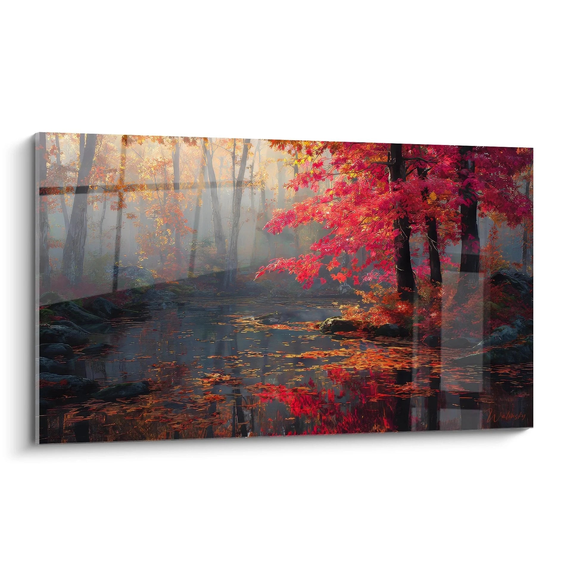 Wandbild Herbstwald mit rotem Ahorn am nebelverhangenen See, herbstliche Spiegelung