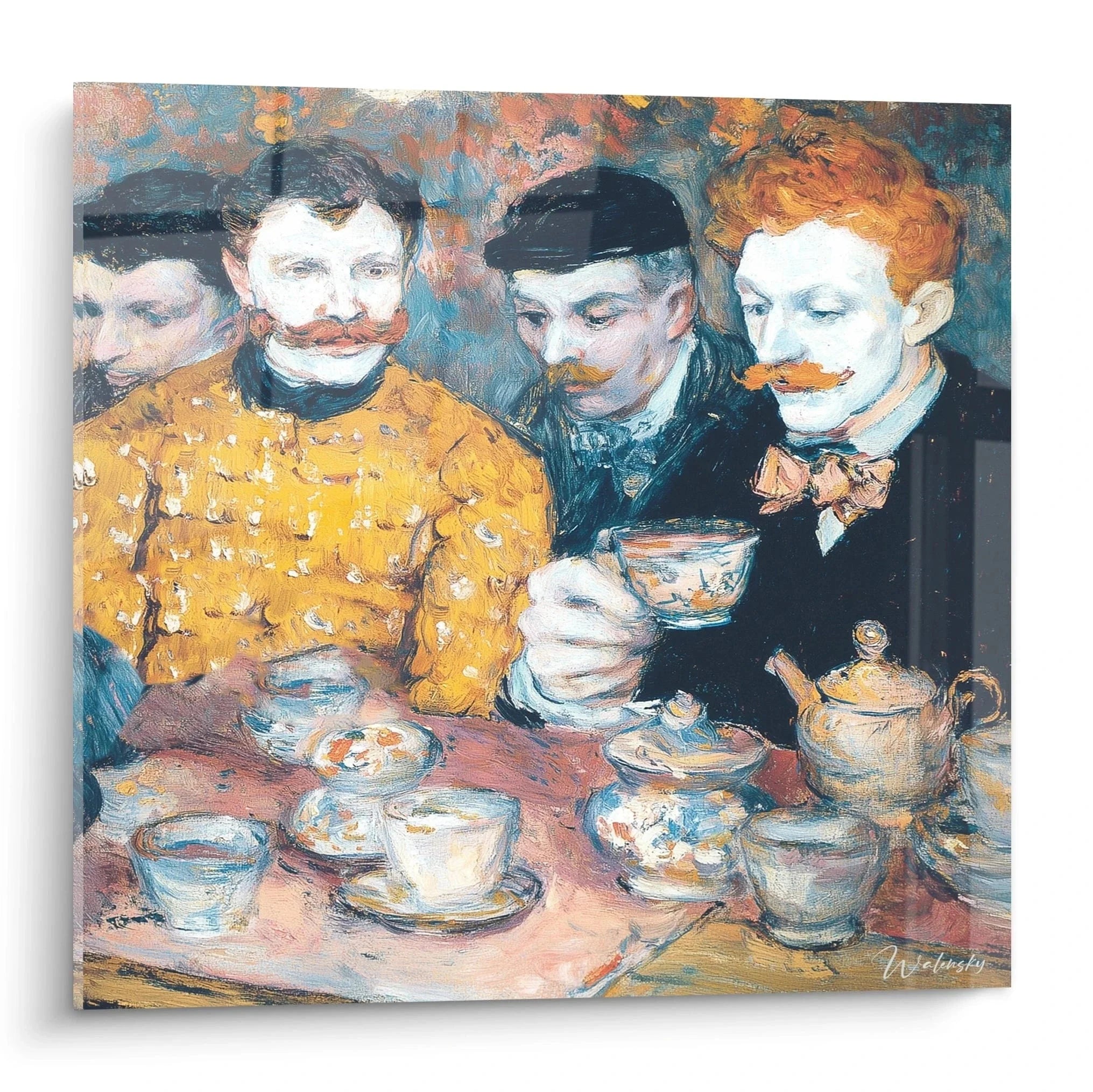 Wandbild Herrenrunde beim Tee im postimpressionistischen Stil mit vier Männern um Teetisch