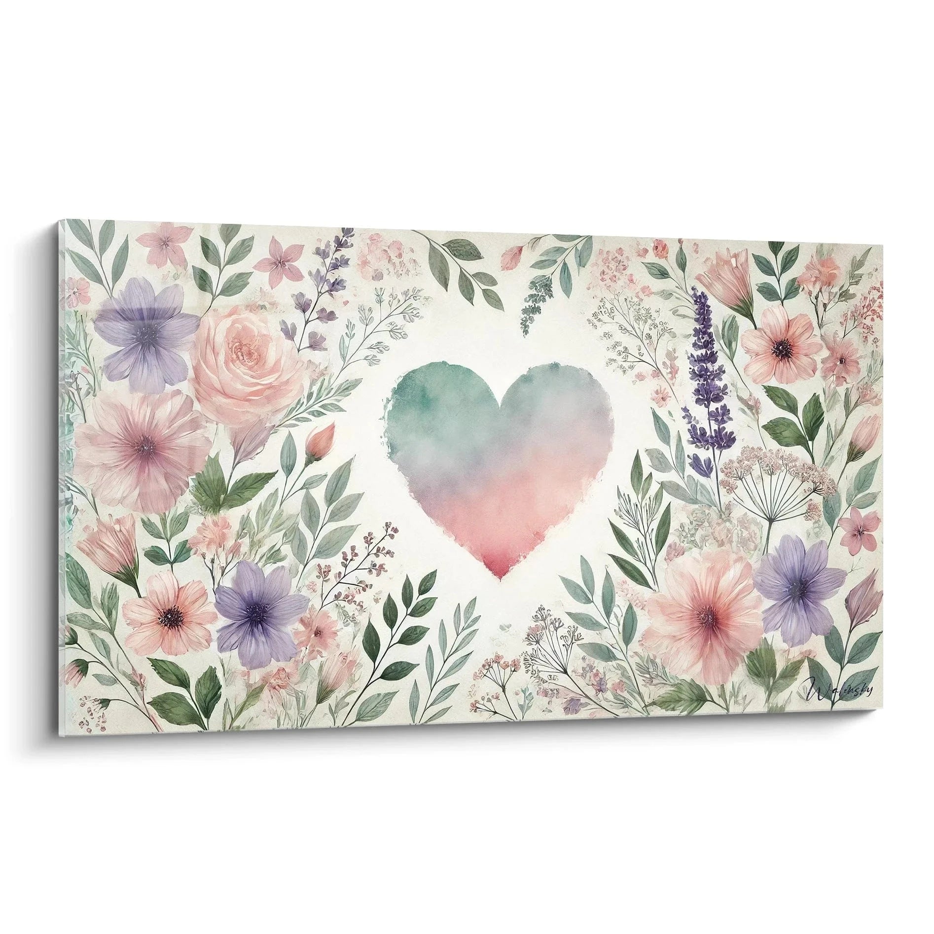 Romantisches Wandbild mit Herz und Blumenranken in Pastellfarben für Schlafzimmer Dekoration