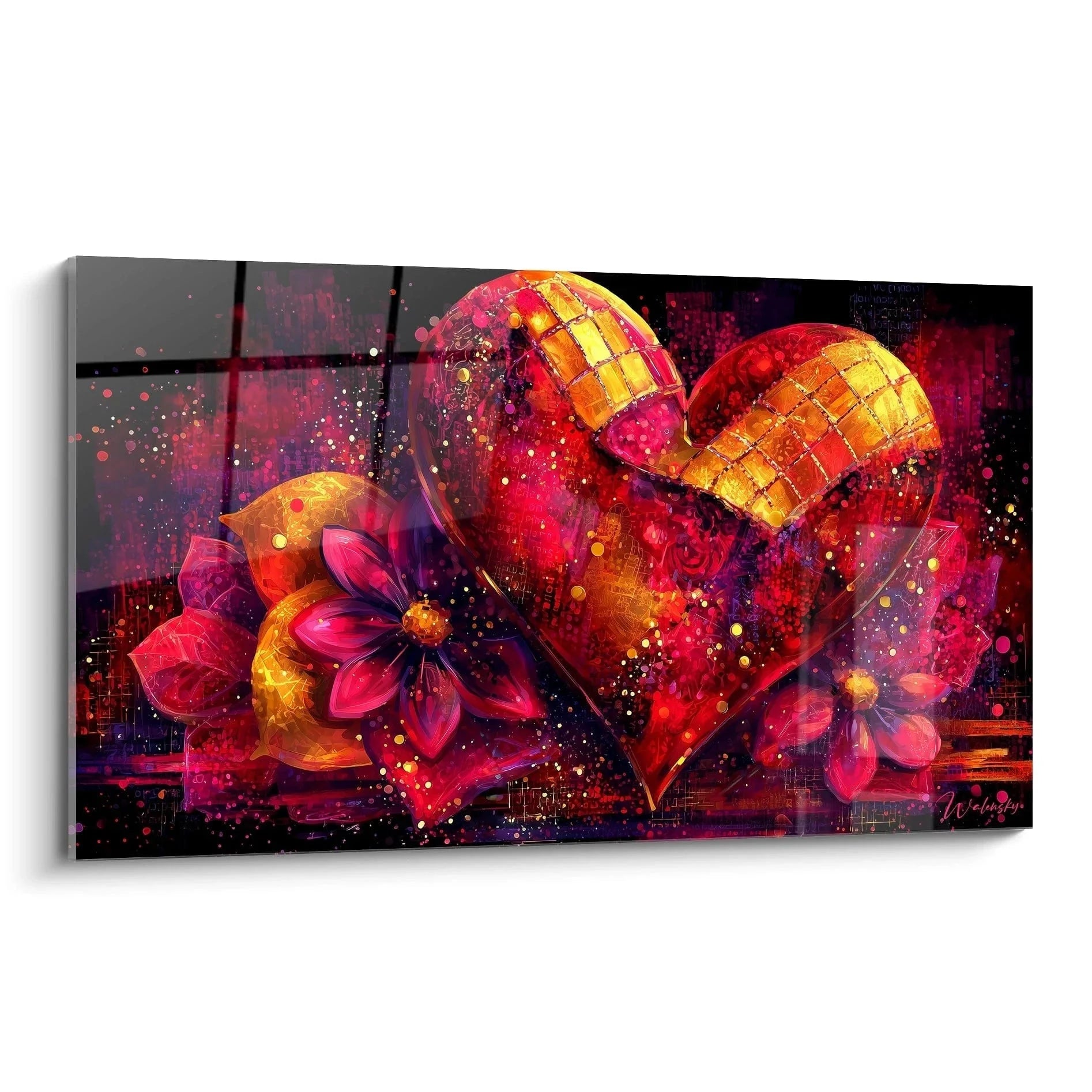 Wandbild XXL Herz mit leuchtenden Blumen in Rot Gold für Valentinstag Schlafzimmer Deko modern