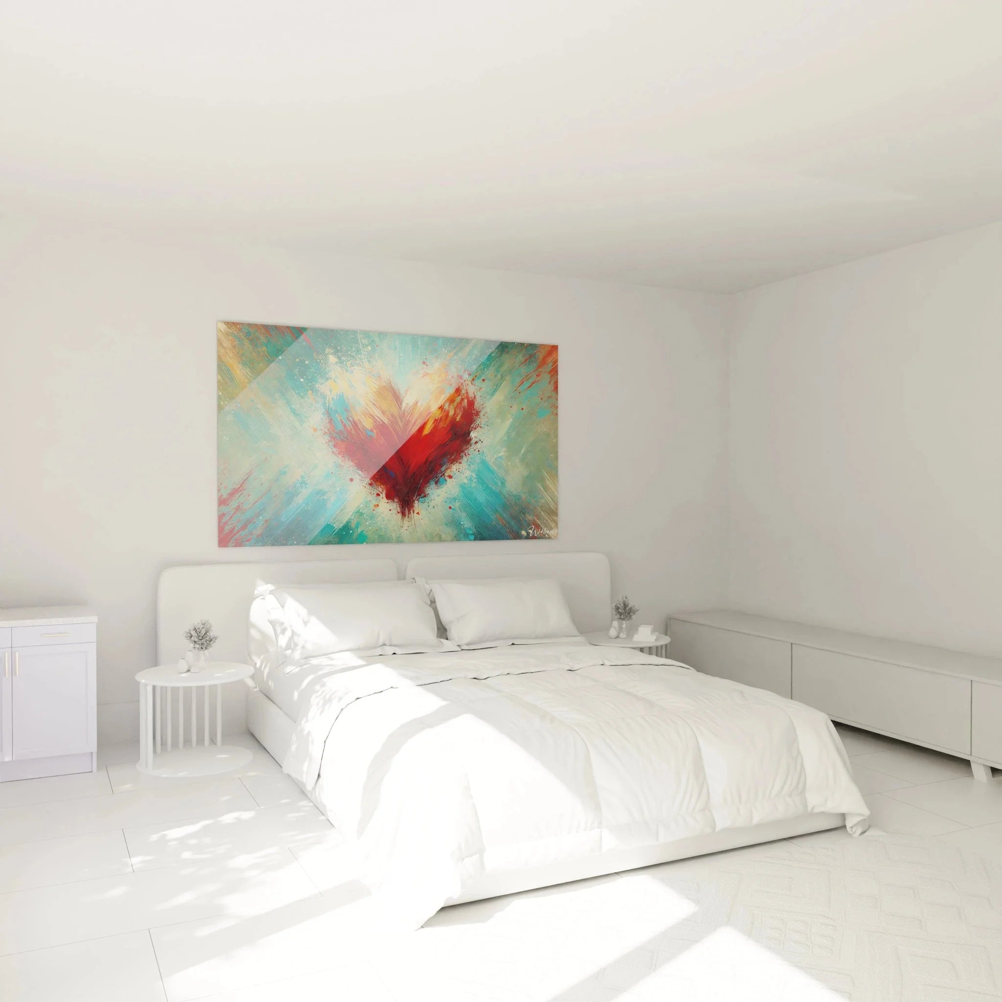 Wandbild Herz Explosion im Schlafzimmer - romantische Wanddekoration über dem Bett