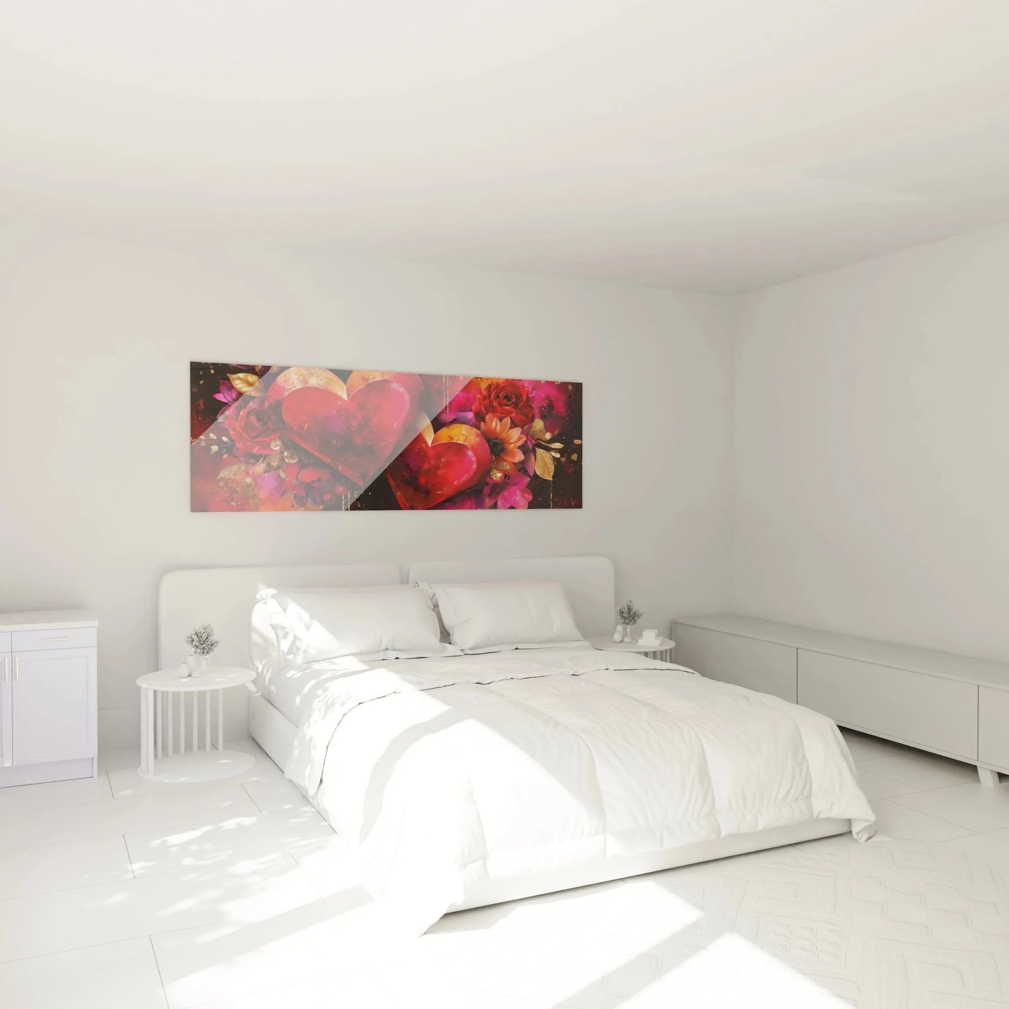 Wandbild Herzen Valentinstag in elegantem Schlafzimmer als romantische Wanddeko XXL