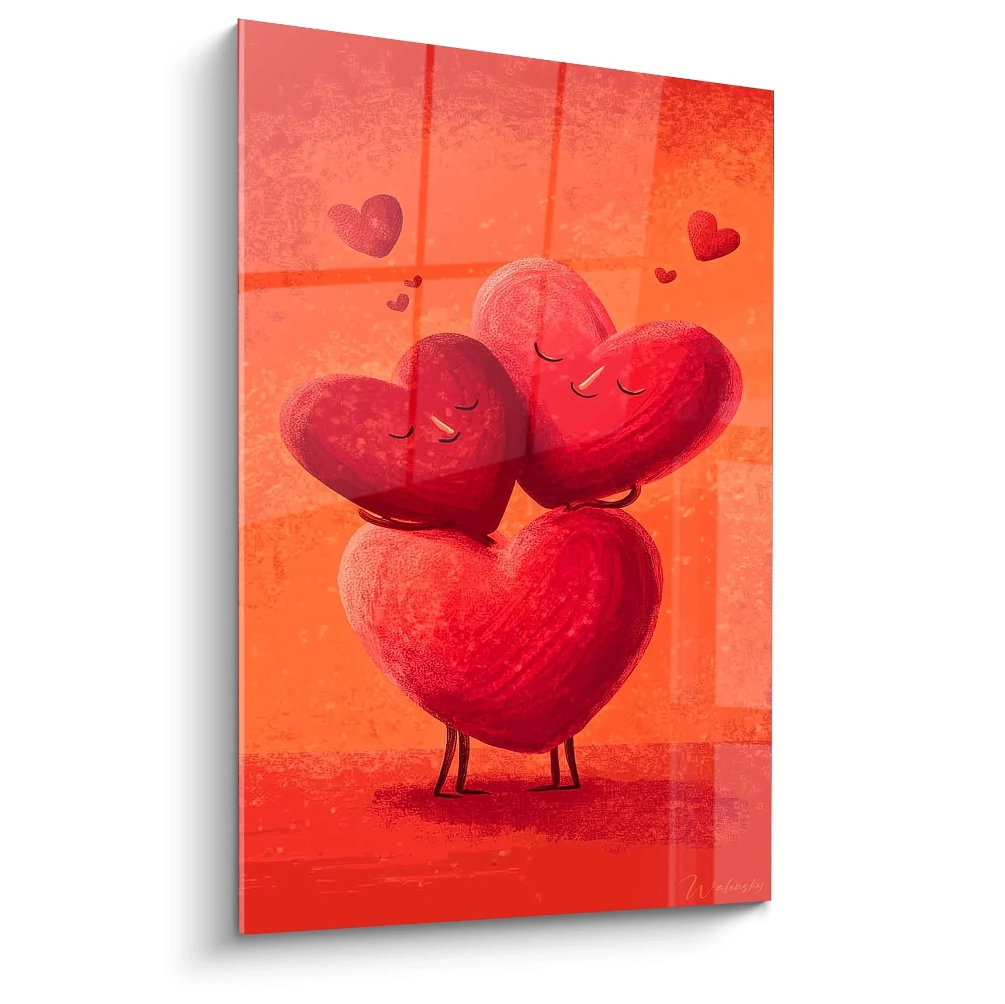 Wandbild Herzfamilie Valentinstag mit liebevoller Umarmung in warmen Rottönen