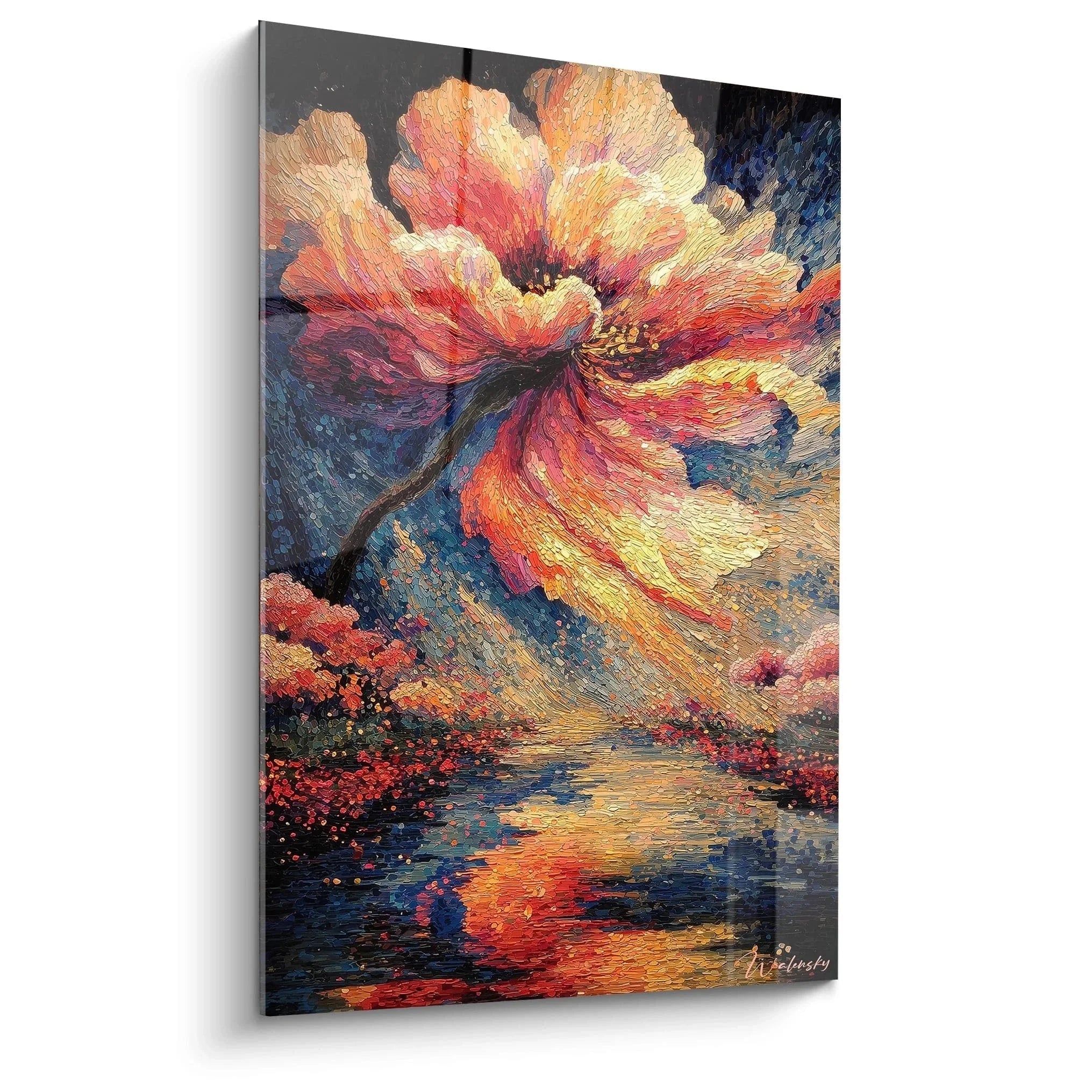 Wandbild Hibiskusblüte im Pointillismus Stil mit leuchtenden Farben und Wasserreflexion