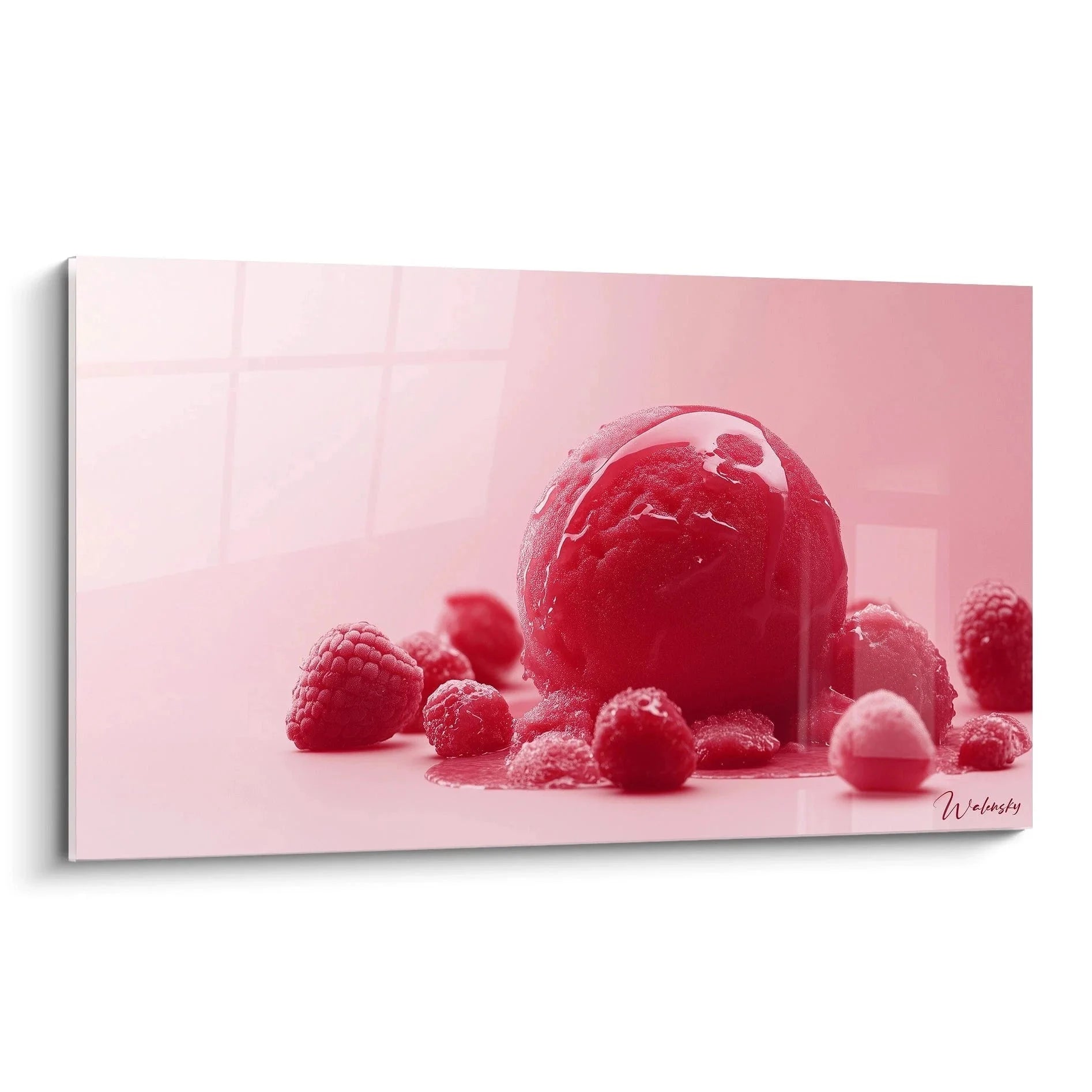Wandbild Himbeeren rosa - Kugel Himbeereis umgeben von frischen roten Himbeeren in rosa Farbwelt