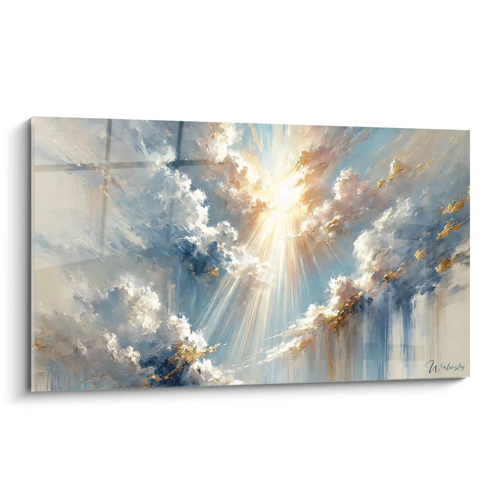 Wandbild Himmel mit göttlichen Sonnenstrahlen durch dramatische Wolken in Blau Gold Tönen