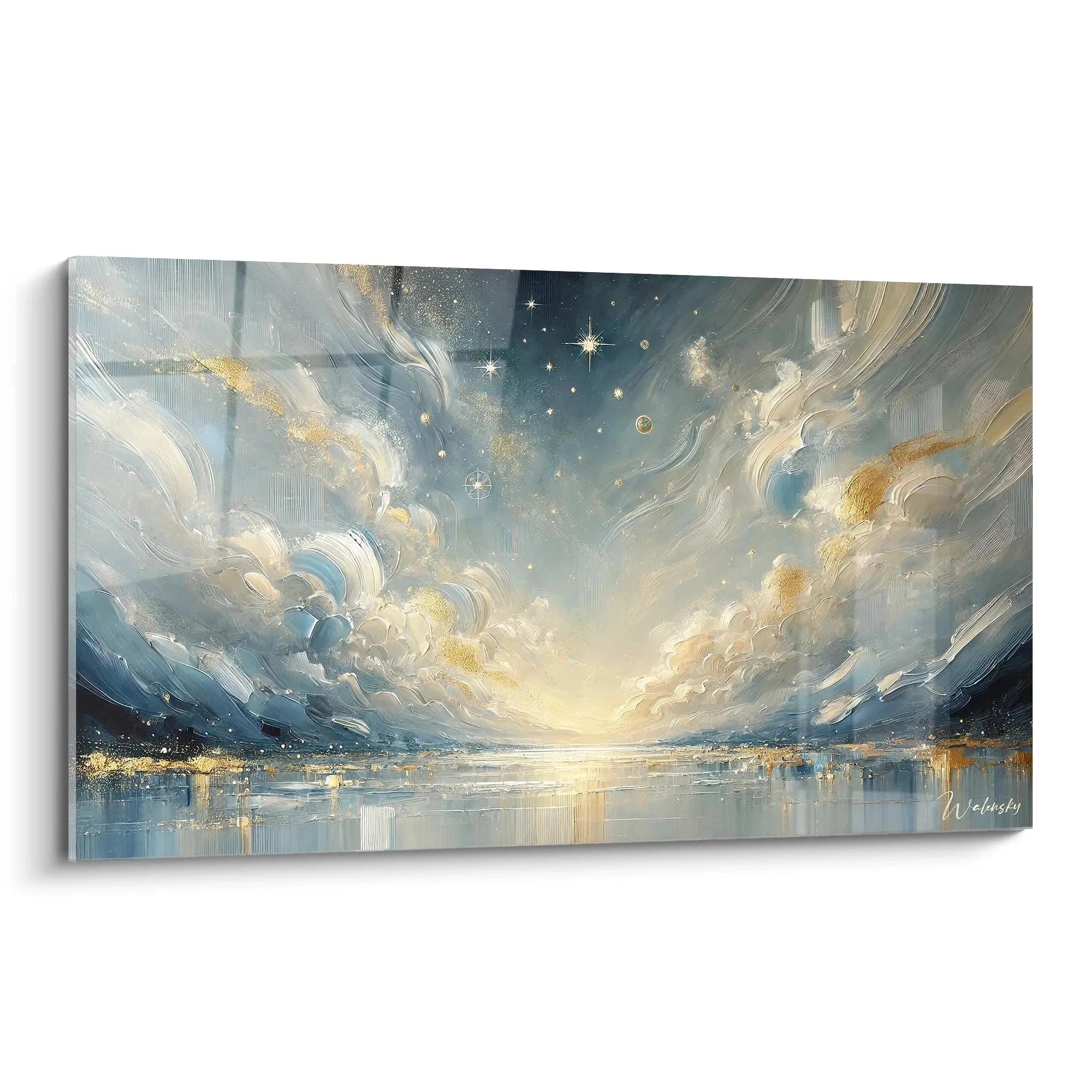 Wandbild Himmelsmeer mit goldenen Sternen und himmlischen Wolken über stillem Wasser