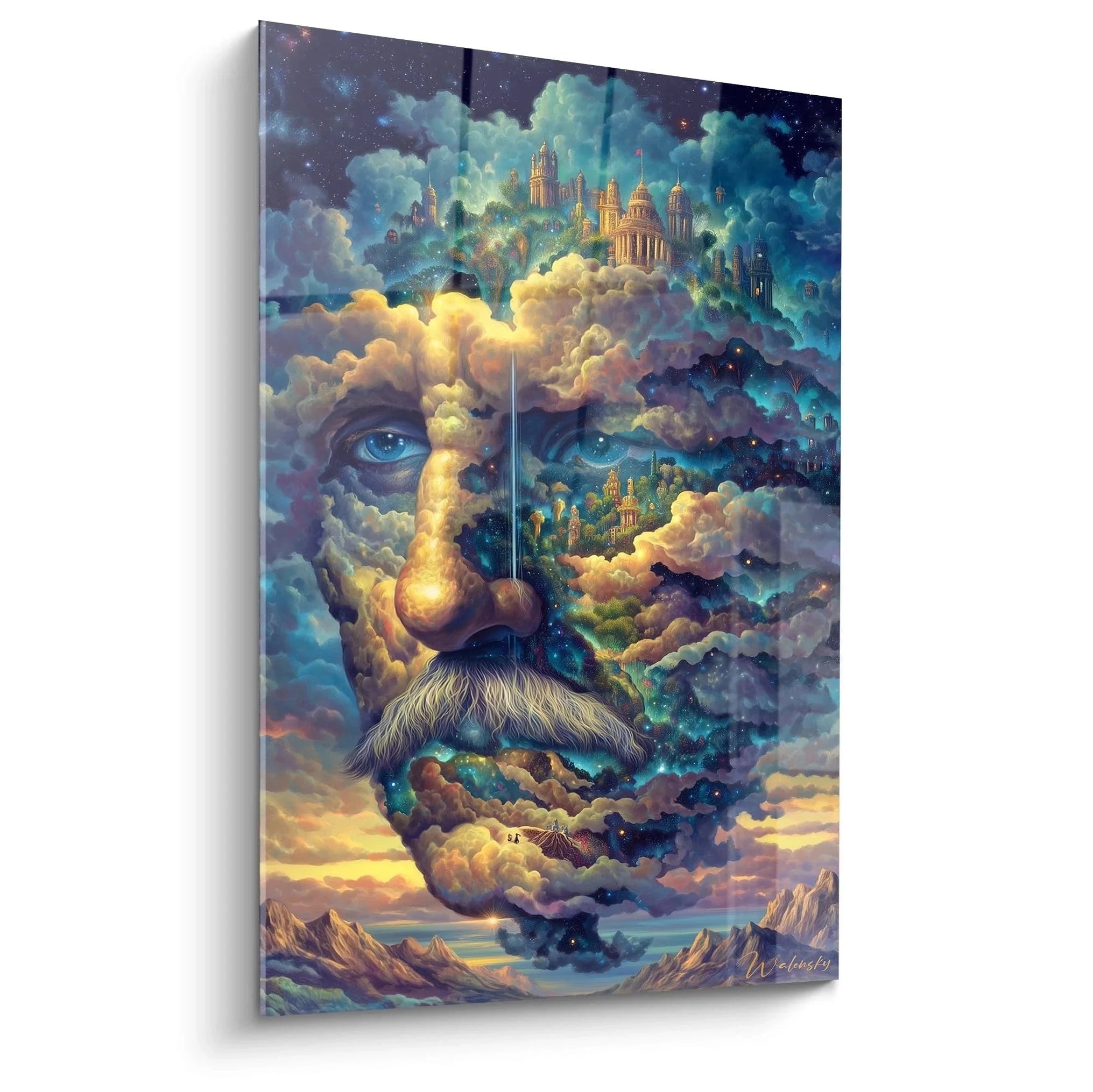 Surreales Wandbild mit himmlischem Gesicht aus Wolken, Sternen und goldenen Palästen - Edition Surrealismus