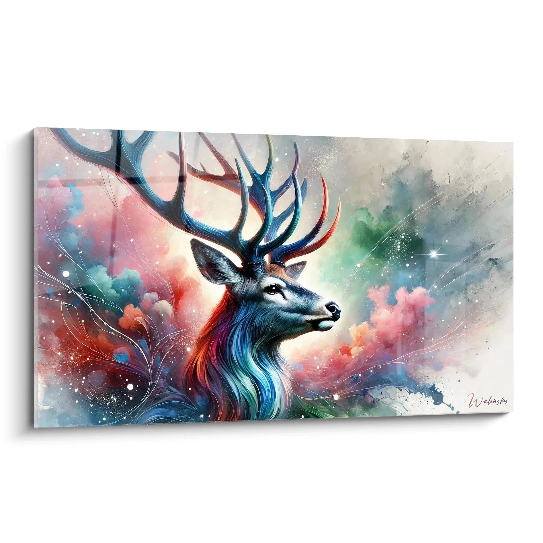Wandbild Hirsch Aquarell mit kosmischen Elementen und bunten Farben - Edition Hirsch Leinwandbild XXL
