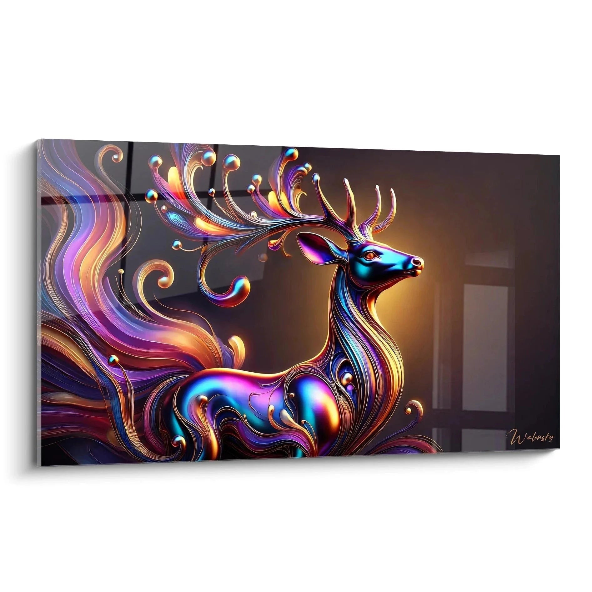 Wandbild Hirsch Farbexplosion mit leuchtenden Ornamenten und abstrakten Farben in Premium Qualität