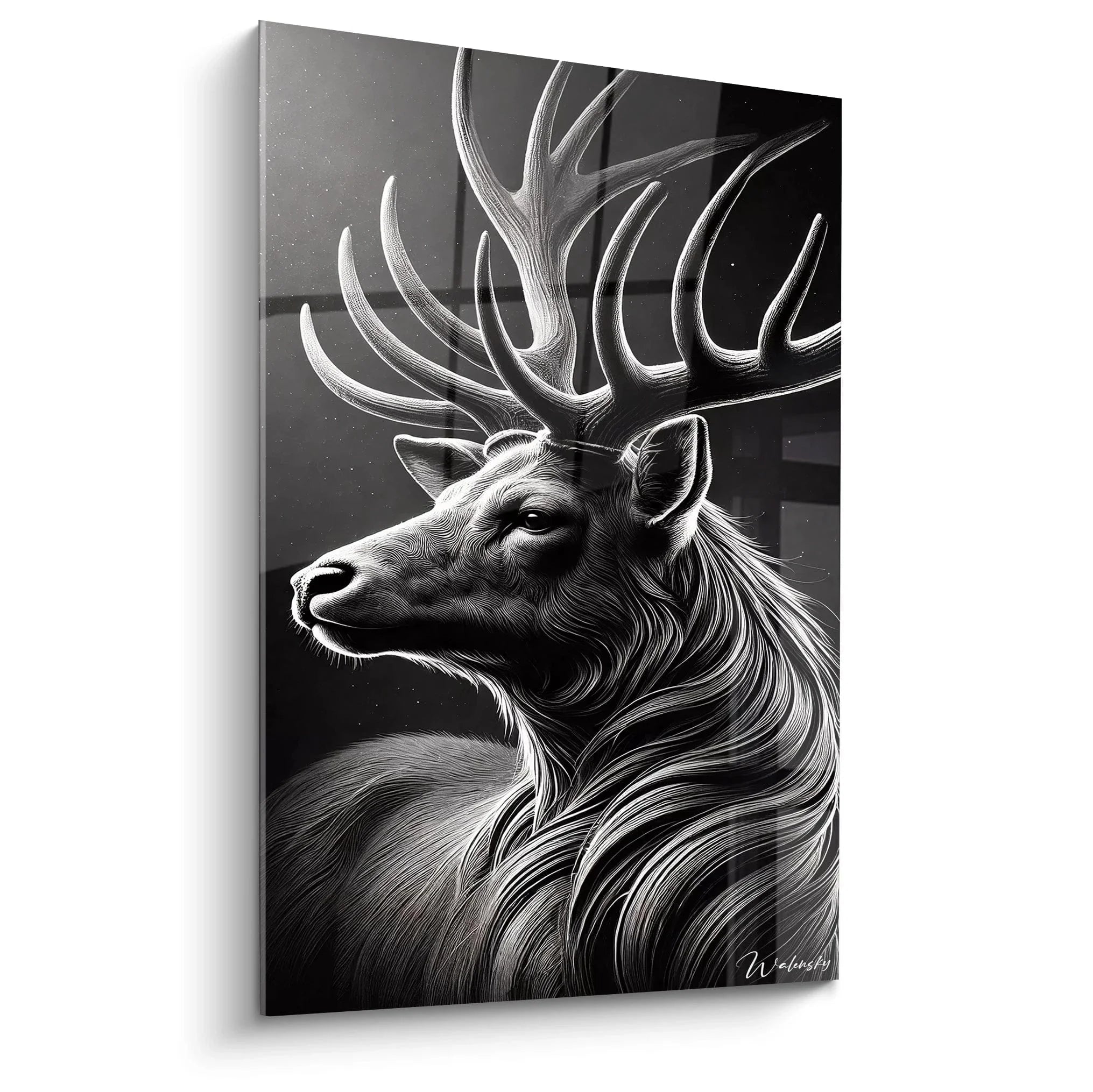 Wandbild Hirsch Portrait schwarz-weiß mit majestätischem Geweih - elegante Wandkunst