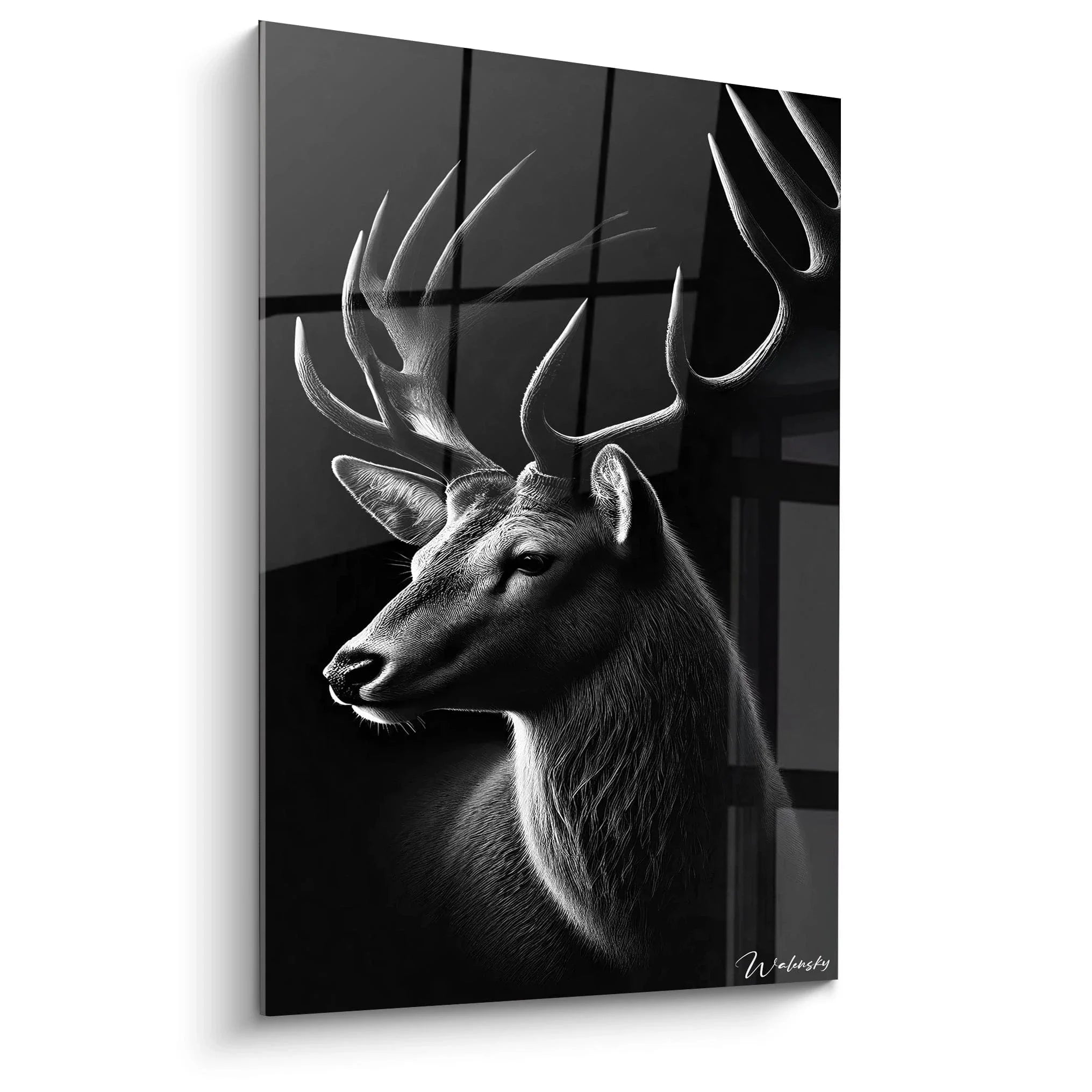 Majestätisches Wandbild Hirsch schwarz weiß mit prächtigem Geweih, dreiteilige moderne Wanddekoration