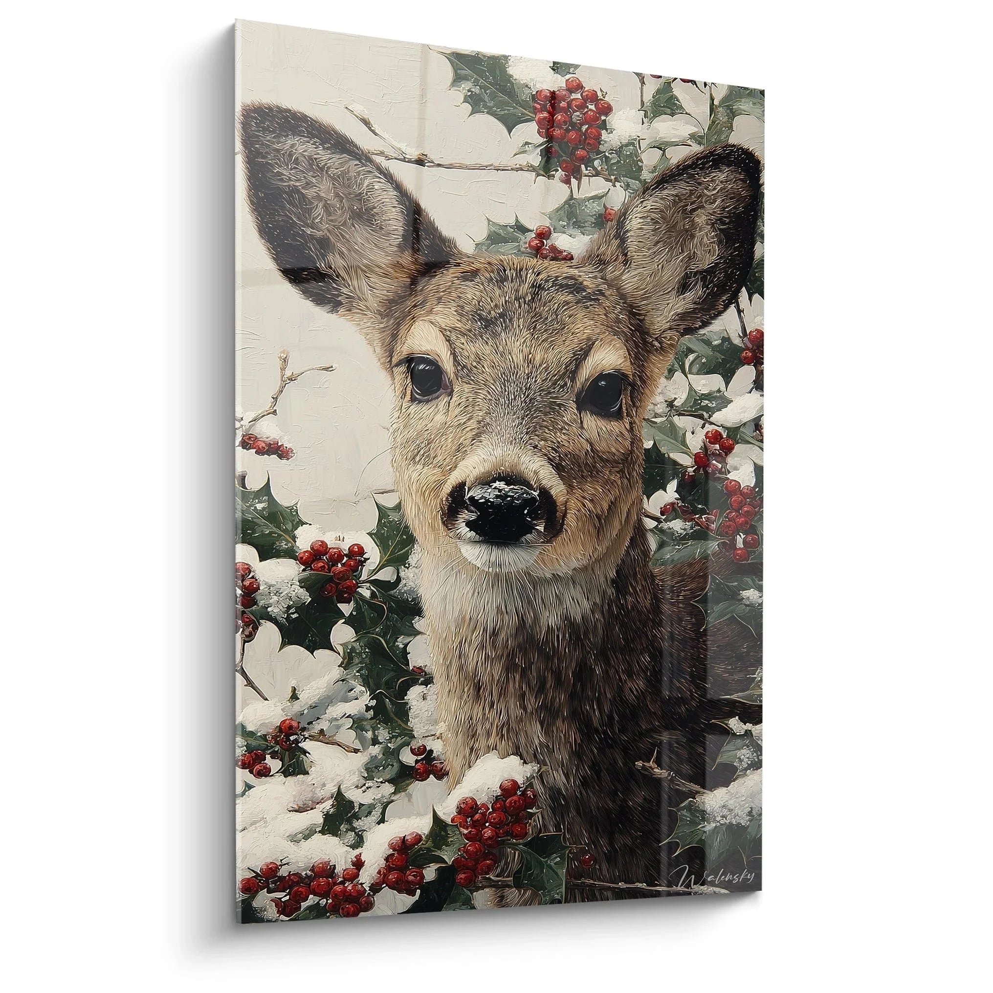 Wandbild Hirsch Weihnachten mit Stechpalme und Schnee - winterliche Wanddekoration