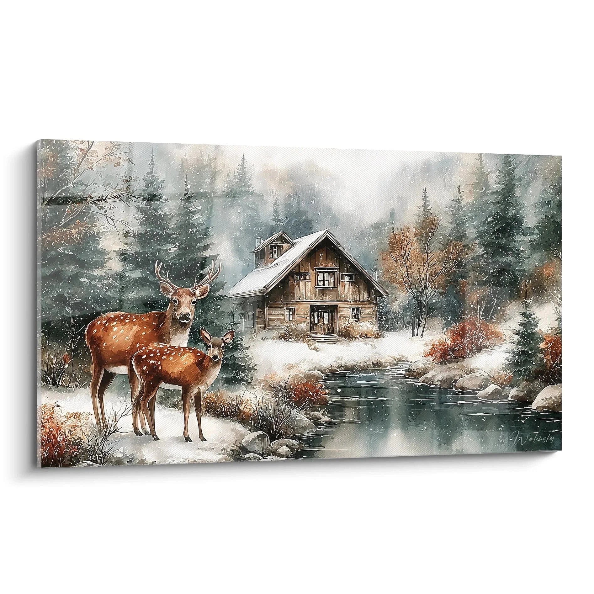 Wandbild Hirsch Winter mit Reh vor verschneiter Waldhütte am Bach - Premium Winterlandschaft Leinwand
