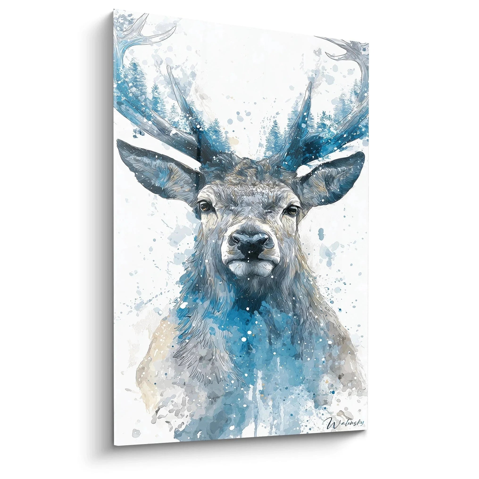 Wandbild Hirsch Winterzauber mit blauen Aquarellfarben und abstrakten Elementen für Weihnachtsdekoration