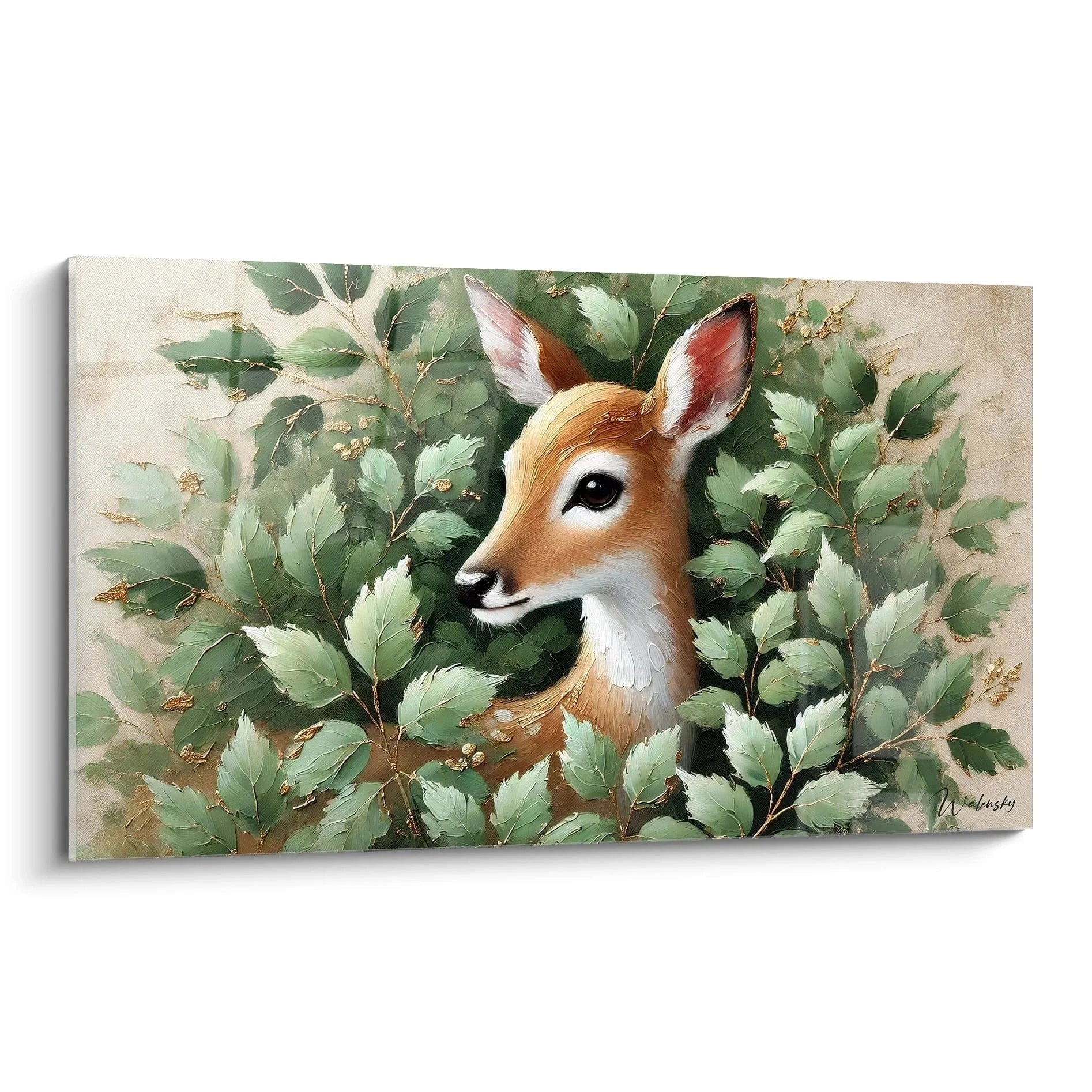 Wandbild Hirschkuh versteckt zwischen grünen Blättern - Naturkunst für Wanddekoration