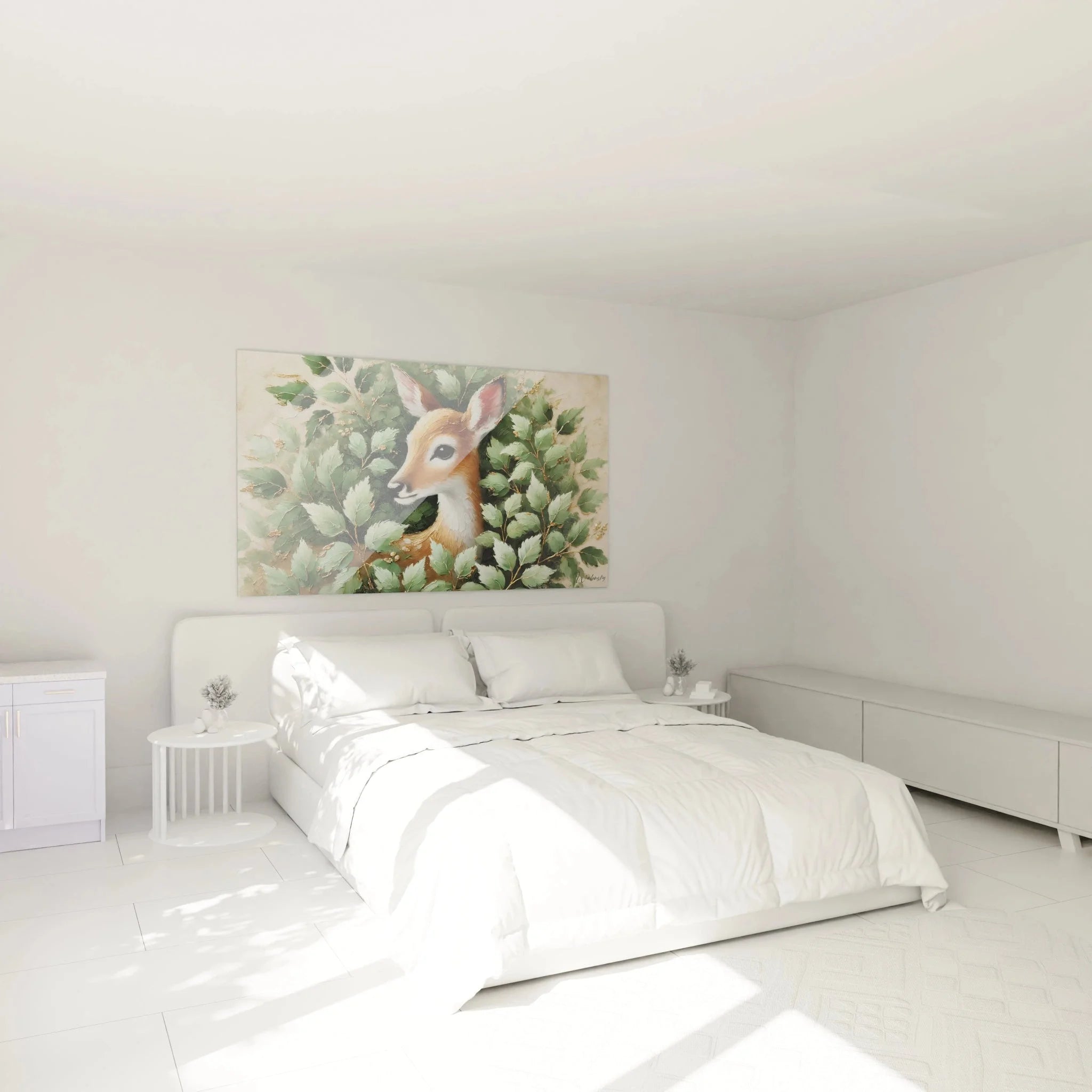 Wandbild Hirschkuh im Schlafzimmer - elegante Tierposter Wanddekoration in natürlichen Farbtönen