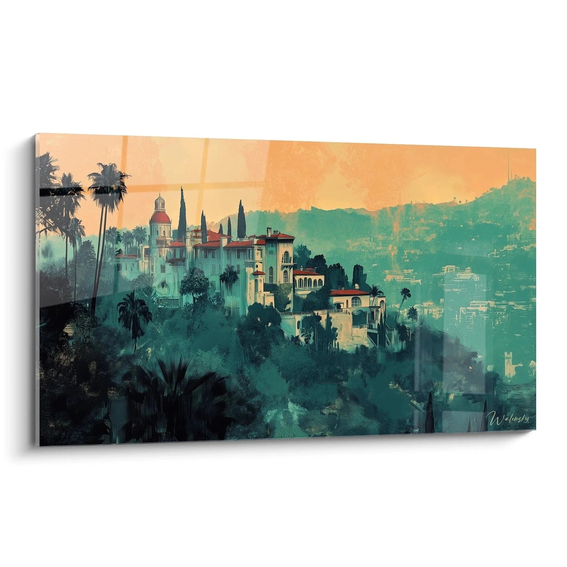 Wandbild Hollywood Hills Sonnenuntergang mit Palmen und Villen in warmen Farbtönen - Edition Andere Landschaften