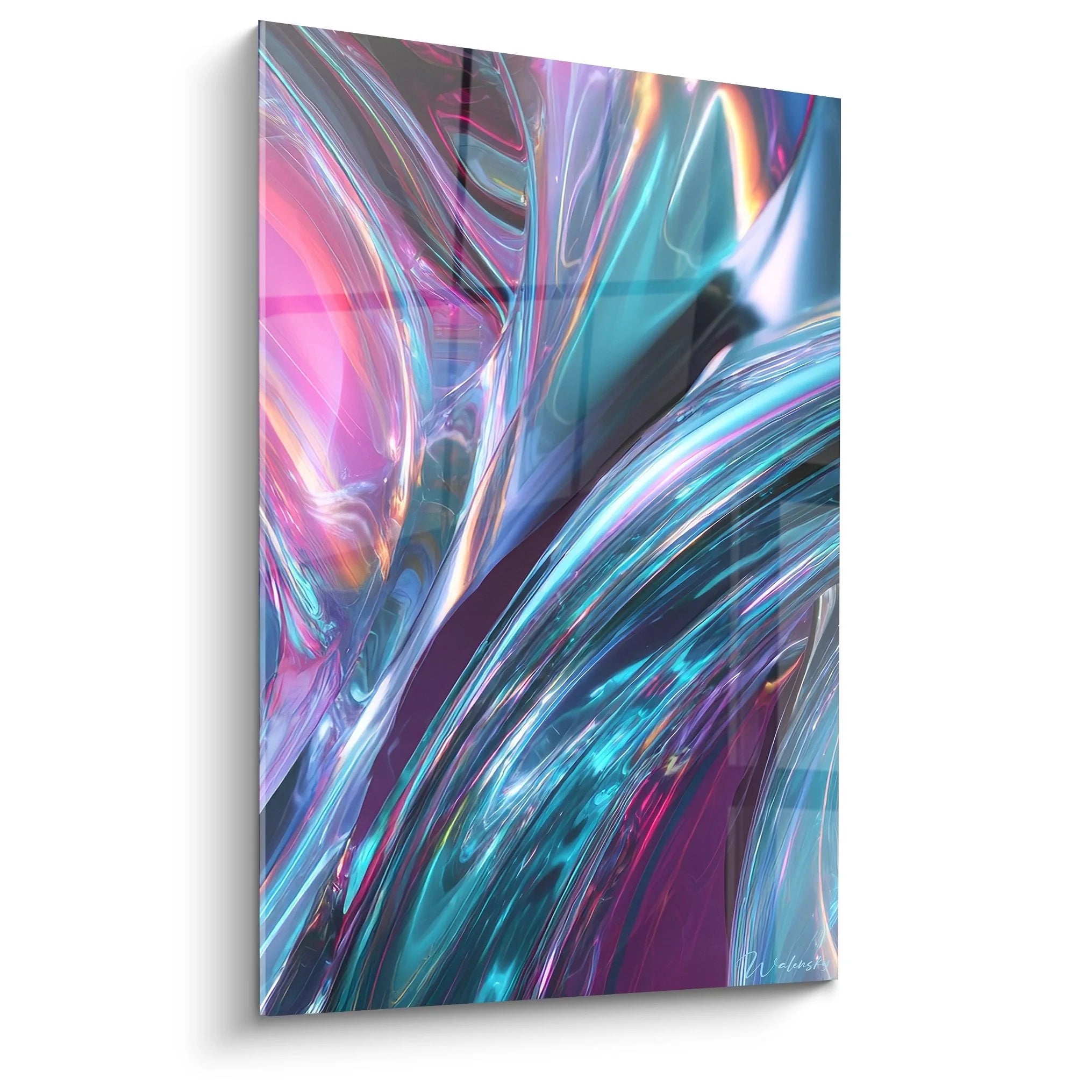 Wandbild holografische Strukturen in Pink und Türkis - Futuristische abstrakte Wandkunst XXL