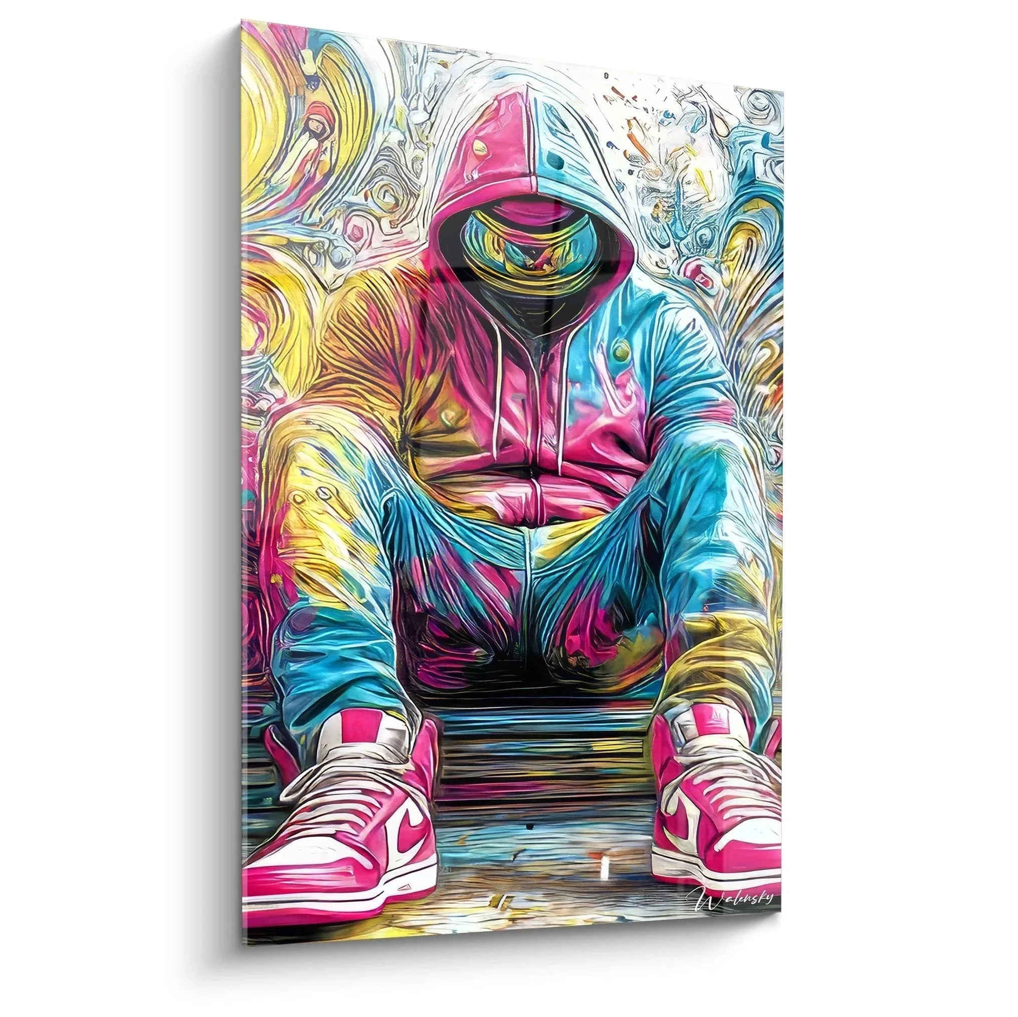 Wandbild mysteriöse Kapuzenfigur in psychedelischen Neonfarben, Streetwear Kunst für moderne Räume