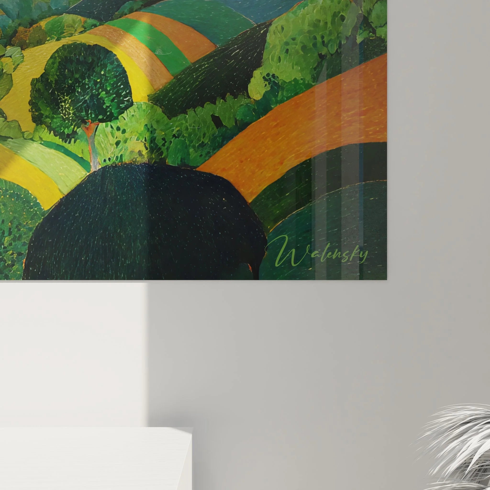 Gesamtansicht Wandbild Landschaft mit sanften Hügeln und Tälern in harmonischen Grüntönen