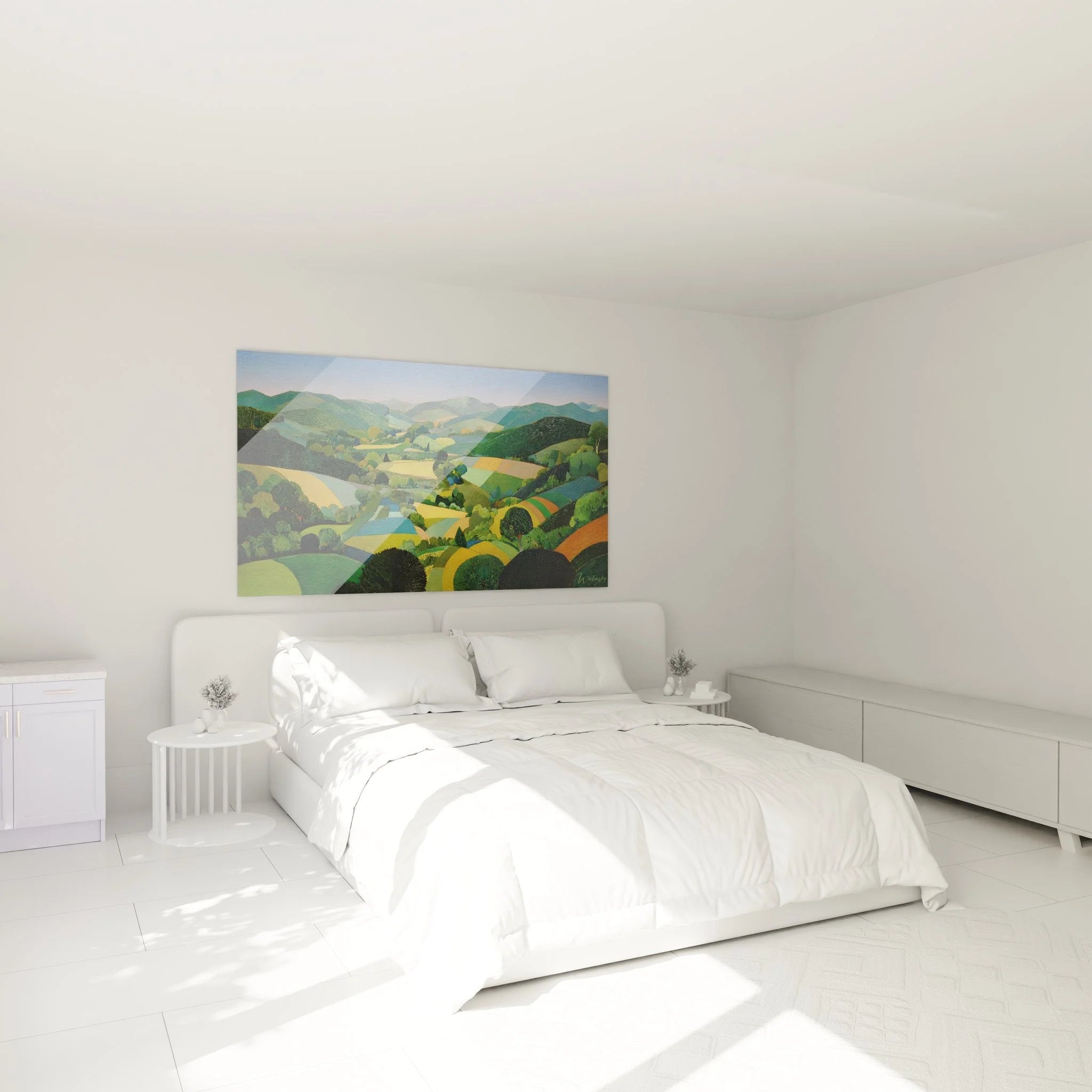 Wandbild grüne Hügellandschaft im Schlafzimmer als beruhigende Wanddekoration