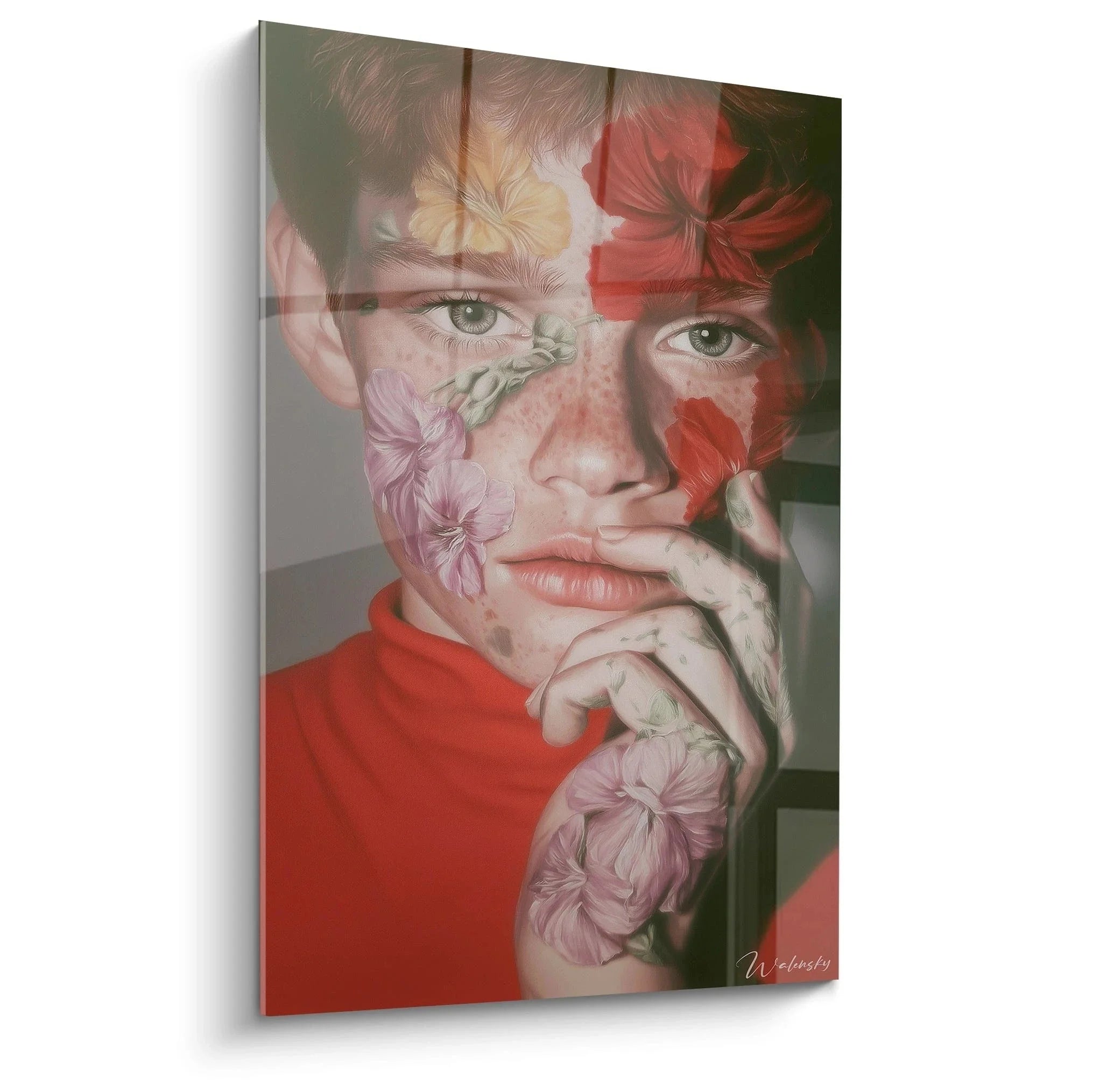 Hyperrealistisches Wandbild Porträt mit Hibiskusblüten und Orchideen in warmen Rot-Rosa Tönen