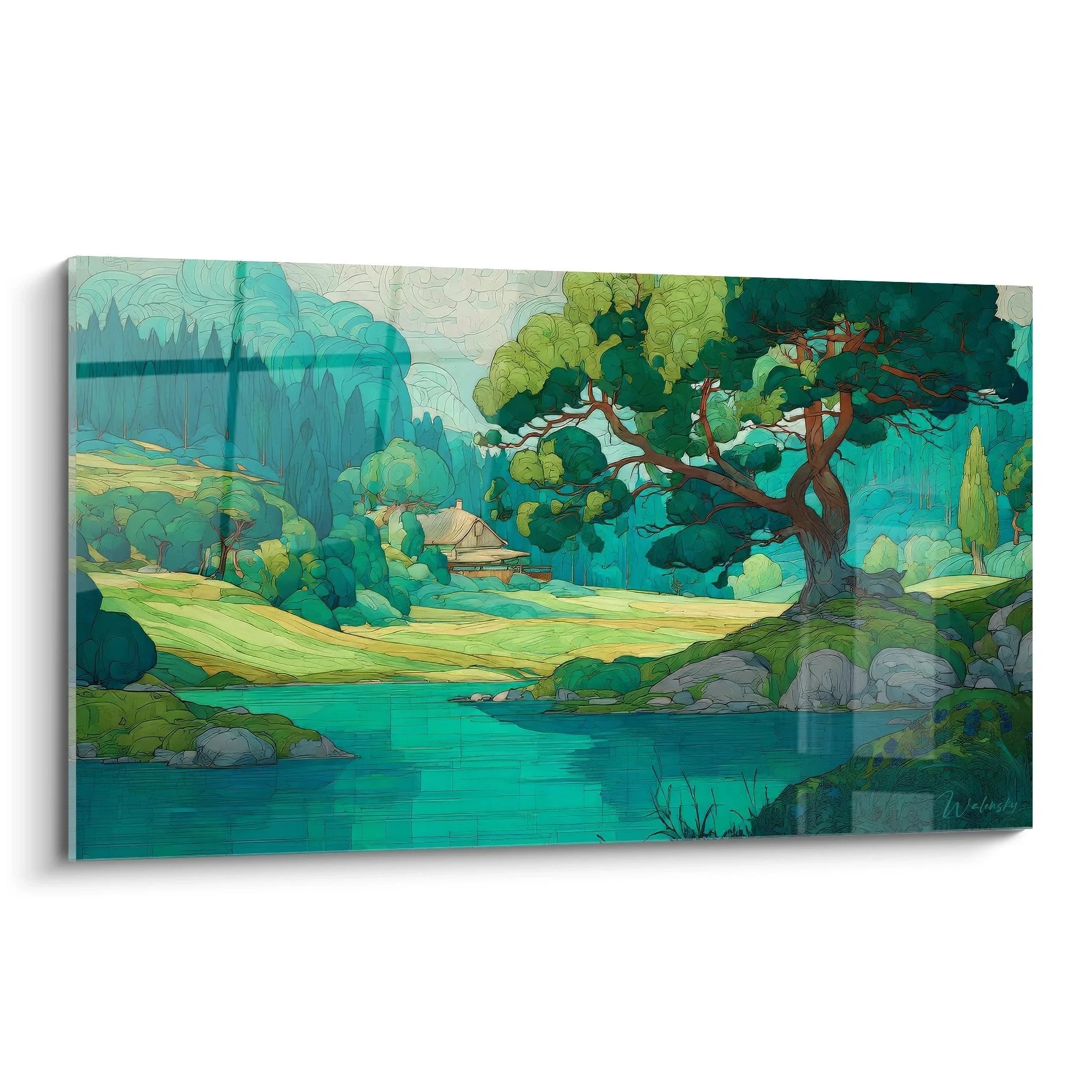 Wandbild XXL idyllische Landschaft mit türkisem Fluss und grüner Natur für Wohnzimmer Dekoration