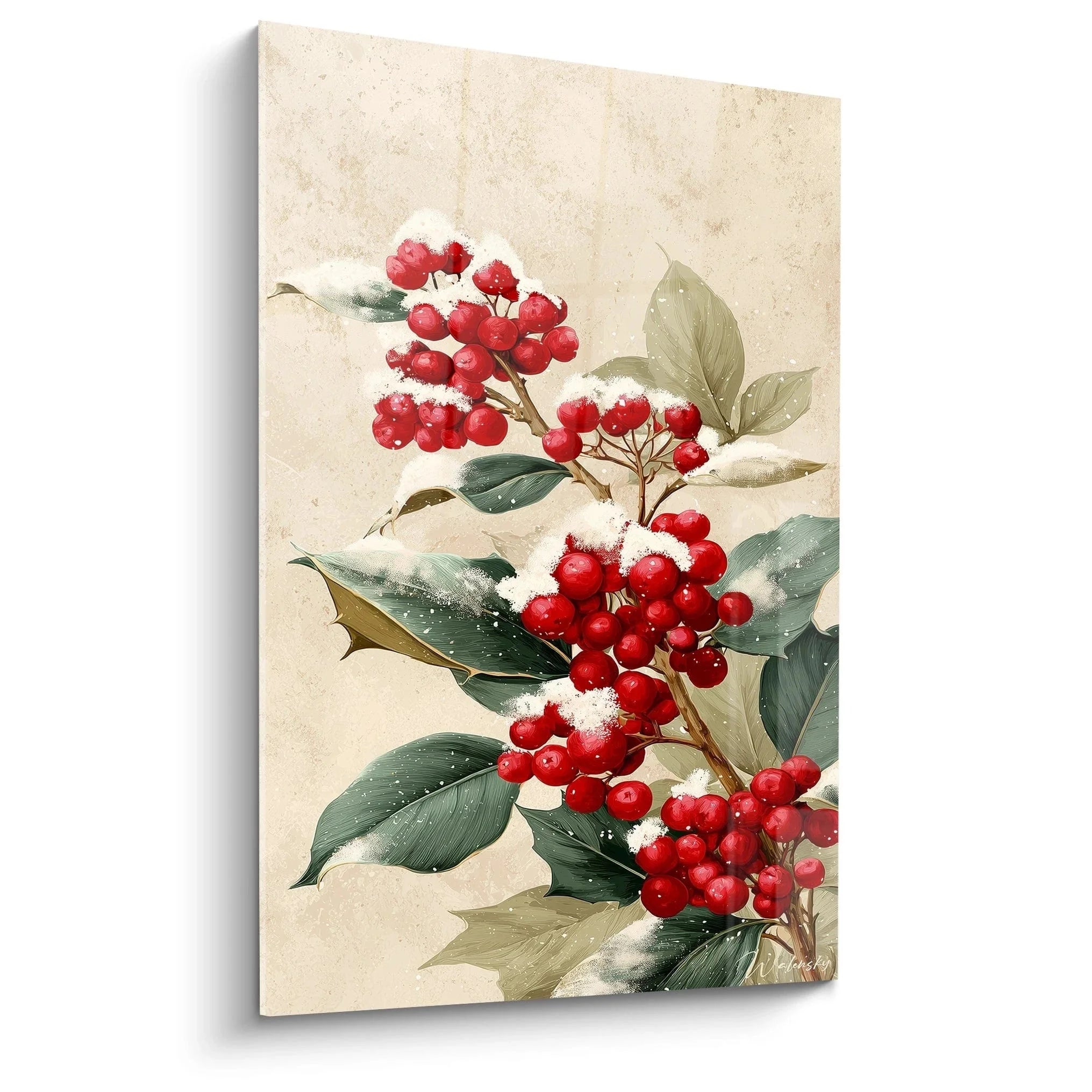 Wandbild Ilex mit roten Beeren und Schnee - winterliche Weihnachtsdekoration Edition