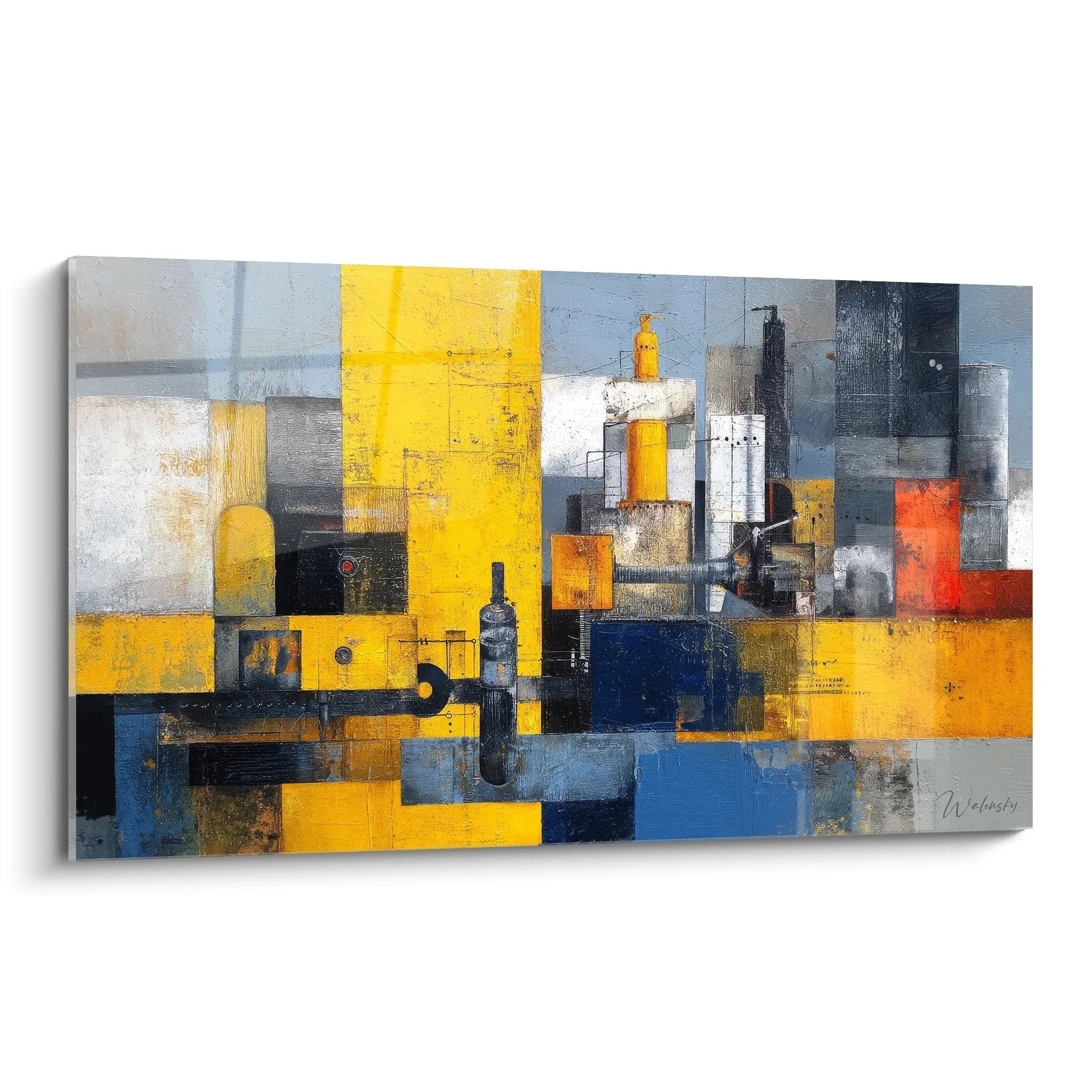 Wandbild industrielle Abstraktion mit gelben und blauen geometrischen Formen und Zahnrädern