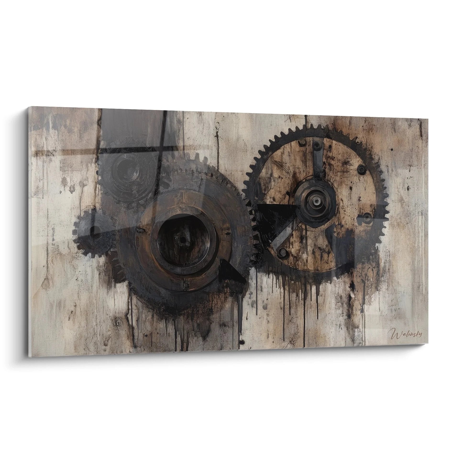 Wandbild mit rostigen Zahnrädern auf verwittertem Holz - Industrielle Kunst Edition Maschinen