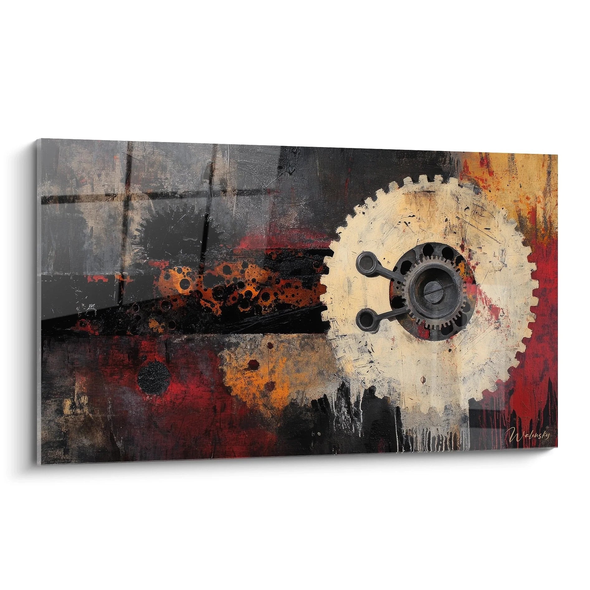 Wandbild industrielle Zahnräder in abstraktem Stil mit warmen Erdtönen und mechanischen Elementen